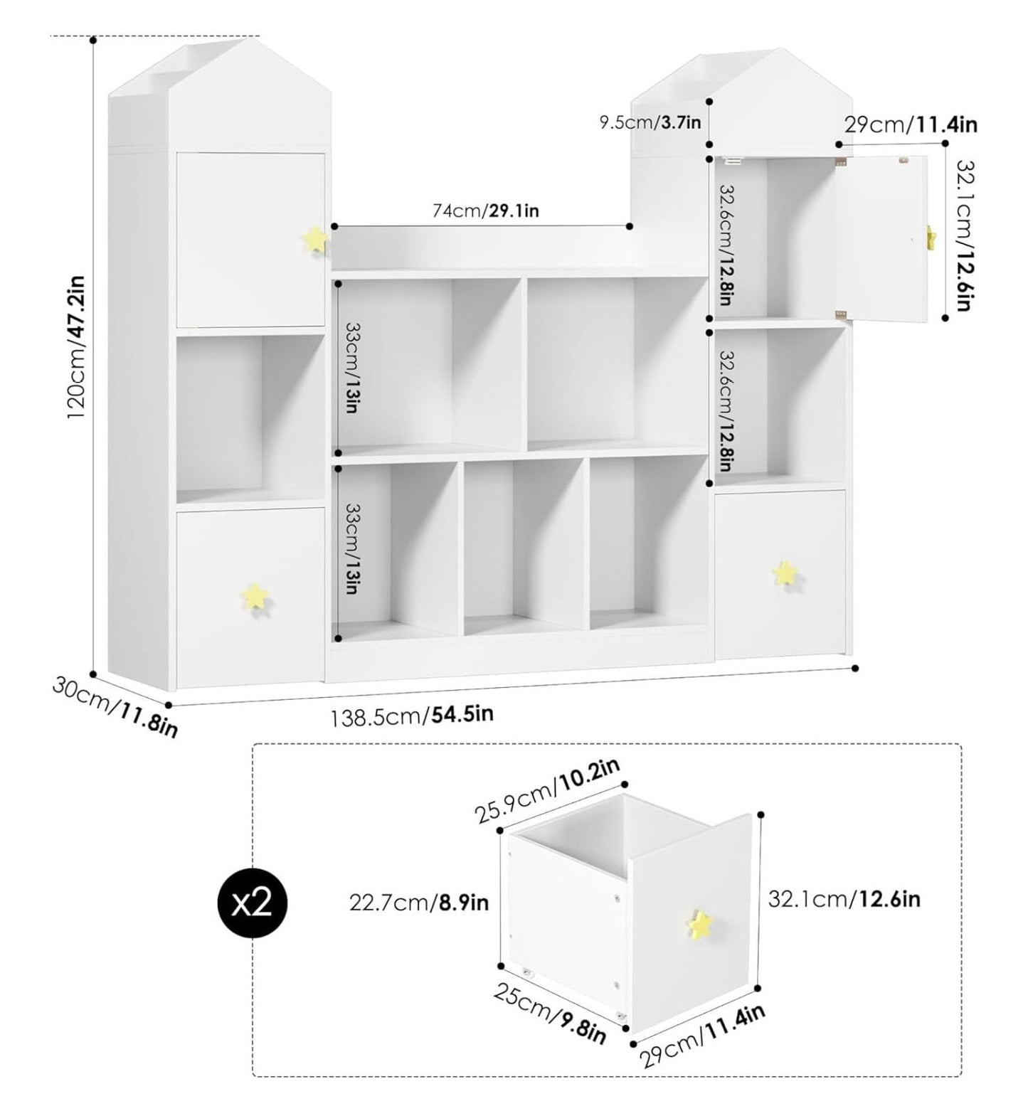 54.5' Toy Storage Organizer, Toy Organizers and Storage Toy Chest with 9 Storage Cubbies and 2 Moveable Drawers, Kids Bookshelf Kids Bookcase with Hidden Wheels for Playroom Bedroom