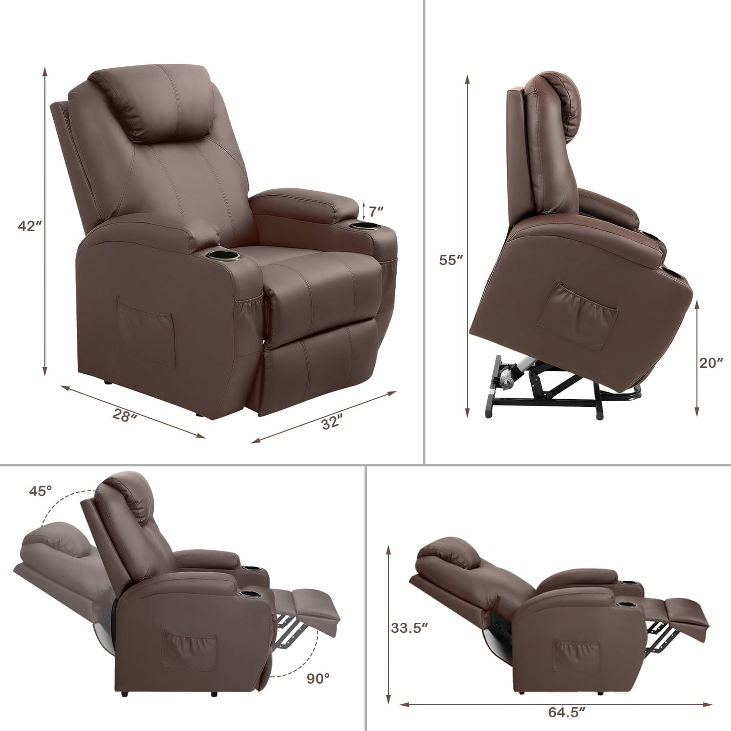 Homall Power Lift Chair PU Leather with Massage, Heat and Reclining, Ideal for Seniors, Brown