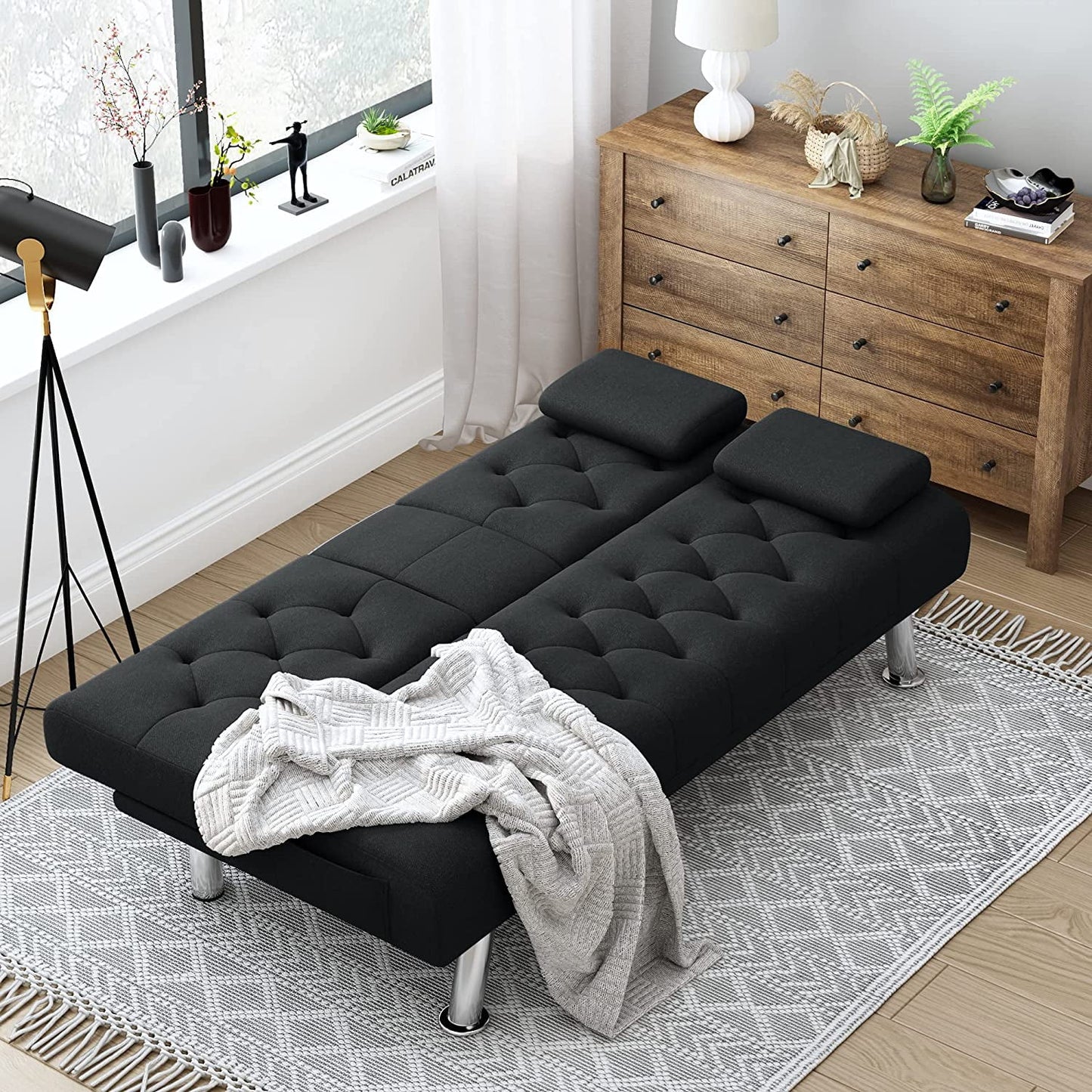 Homfa Upholstered Couch Sofa Bed, 66.3in Folding Futon Sofa with Removable Armrests for Living Room, Black