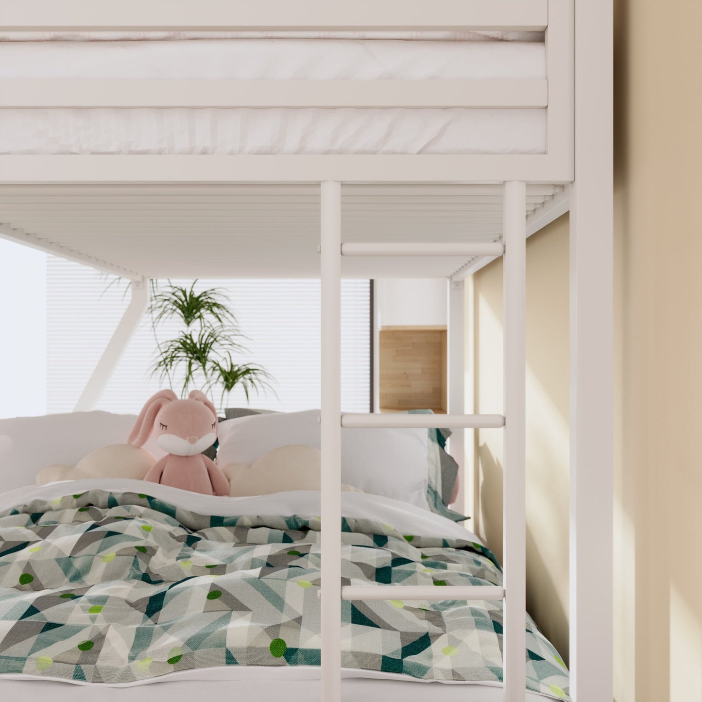 Sifurni Twin Over Full Metal Bunk Bed with Removable Stairs & Full-Length Guardrail, White