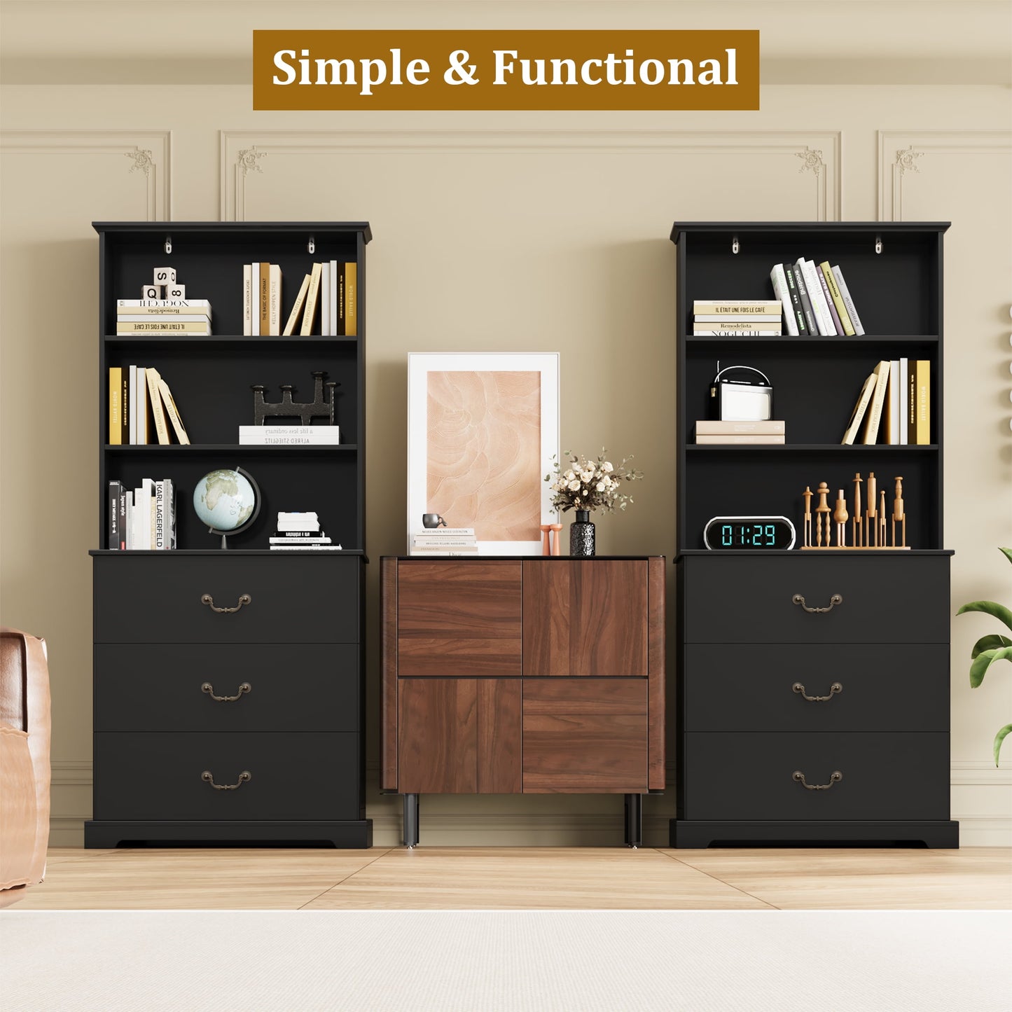 Homfa Bookcases Floor Standing 3 Shelf Display Storage Shelves with 3 Drawers, 71 in Tall Bookcase for Home Office, Living Room, Bed Room, Black