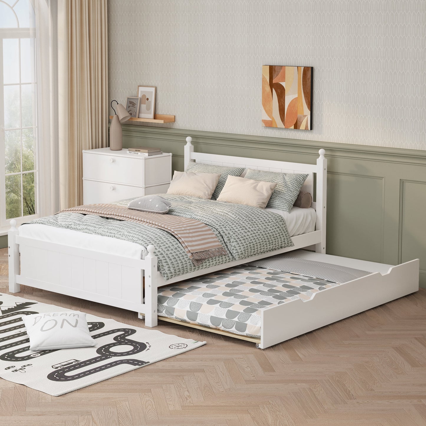 LegaHome Full Bed with Trundle, Solid Wood Bed Frame, Modern Full Size Platform Bed with Headboard and Trundle Included, No Box Spring Needed, Space Saving Trundle Bed for Kids Teens Adults, White