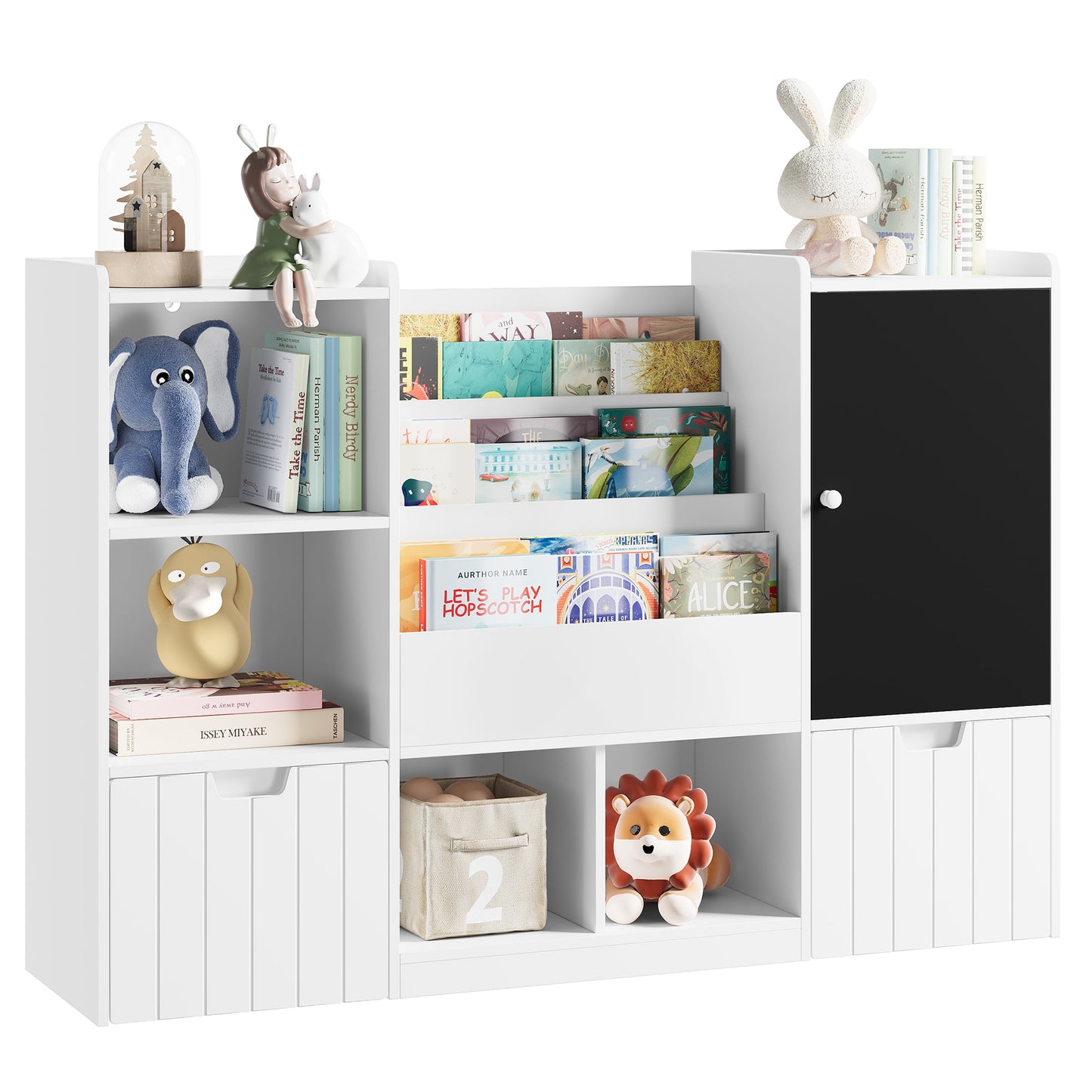 Homfa Kids Bookshelf with Blackboard, Nursery Bookcase with Cubby and Toy Bin for Kids Room, White