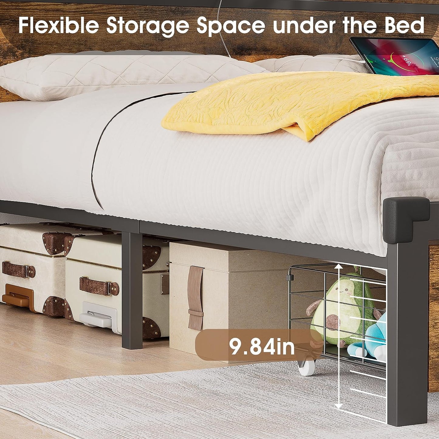 Alohappy Full Size Bed Frame with Storage Headboard and Drawers, Metal Platform Bed Frame RGB Led Lights and with Charging Station, No Nosie No Box Spring Needed