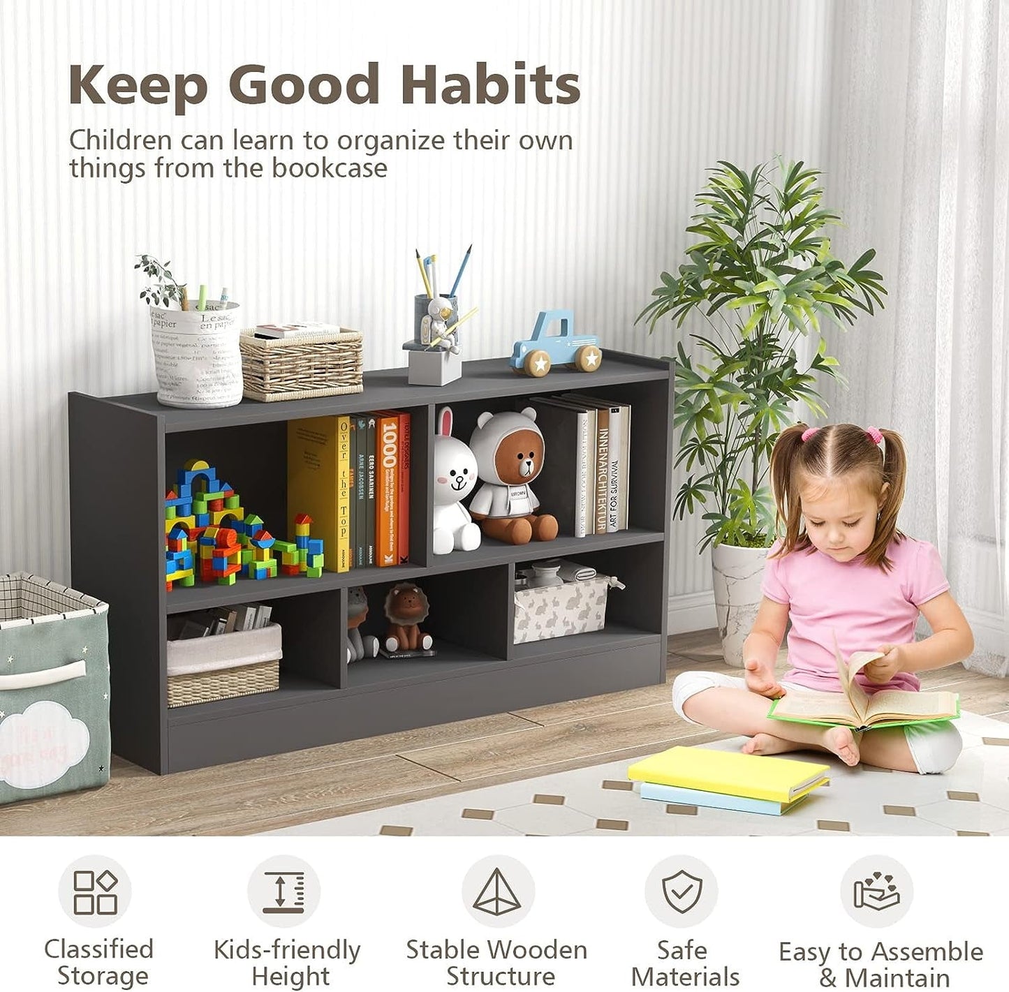 HOMEZY Wooden Montessori Shelf for Kids, 5-Section Storage Cabinet, 2-Tier Open Kids Bookshelf, Toy Storage Organizer for Playroom, Classroom, Grey