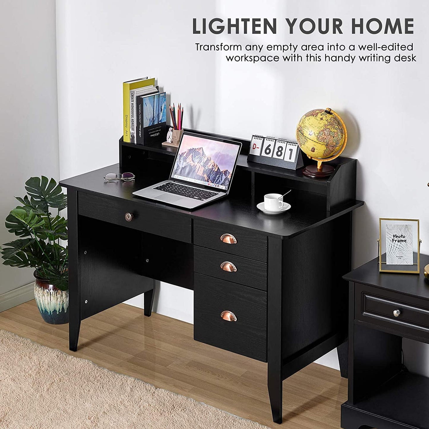 Homfa Computer Desk with 4 Drawers and Hutch Shelf, Executive Desk Home Office Desk Writing Sturdy PC Laptop Notebook Desk, Spacious Desktop Vintage Black