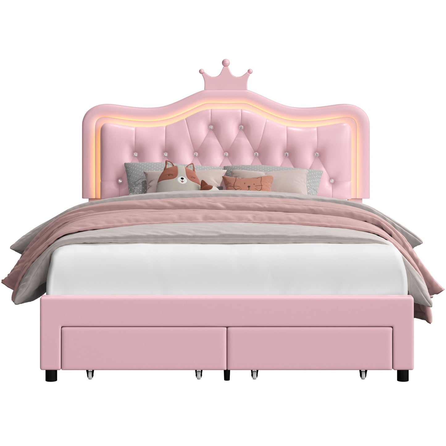 Homfa Full Size LED Bed Frame with Storage Drawers, PU Leather Crown Platform Bed with Crystal Tufted Upholstered Adjustable Headboard, Pink