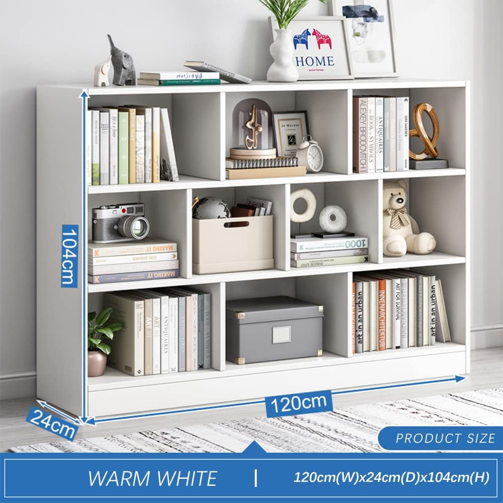 IOTXY Open Shelf Low Bookcase - Wooden 3-Tier Floor Standing Display Cabinet Organizer with Base, 10 Cubes Short Horizontal Bookshelf in Warm White