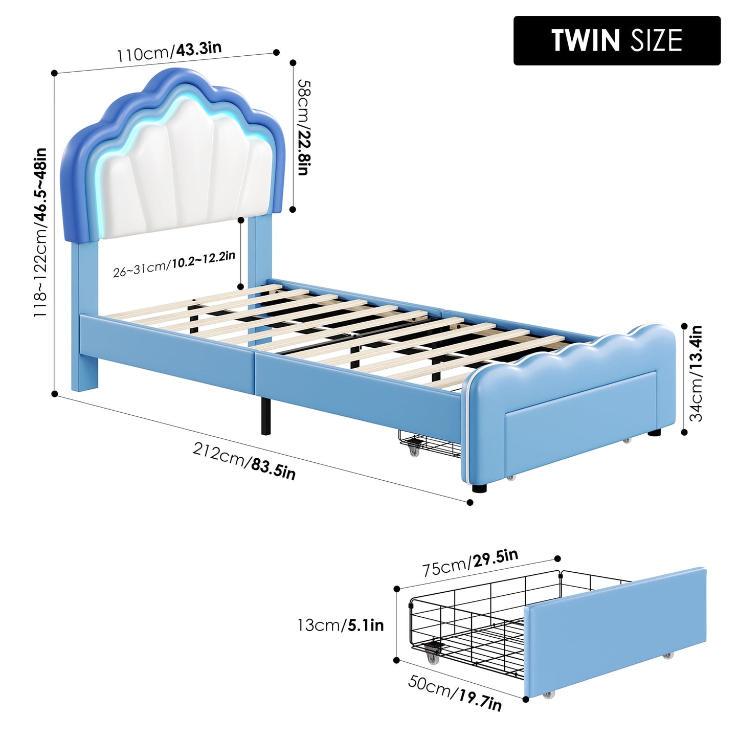 Homfa Twin Size LED Bed Frame with Drawer, PU Leather Upholstered Platform Bed with Adjustable Petal Headboard for Kid, Blue