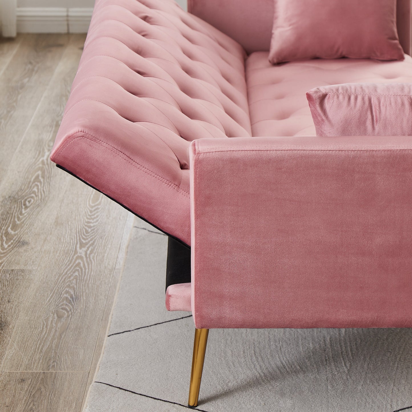 71 Inches Velvet Futon Sofa Bed with 2 Pillows,Modern Convertible Futon Couch with 3 Adjustable Backrest Angles and Gold Metal Feet,Suitable for Apartment,Living Room,Small Space,Gray