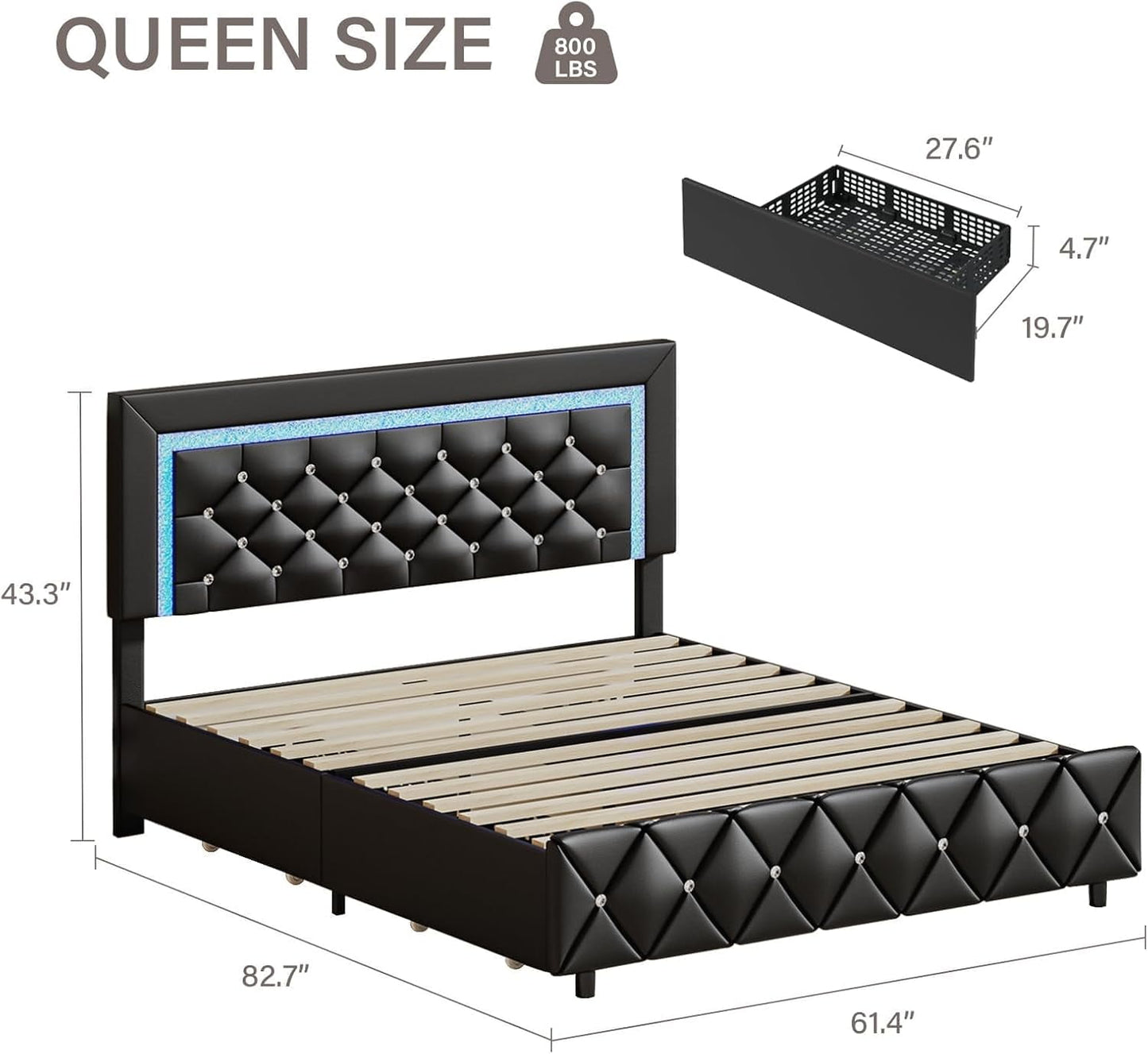 4 EVER WINNER Queen Size LED Bed Frame, Black Queen Bed Frame with LED Light Headboard, 4 Storage Drawers Upholstered Platform Bed Frame, Black