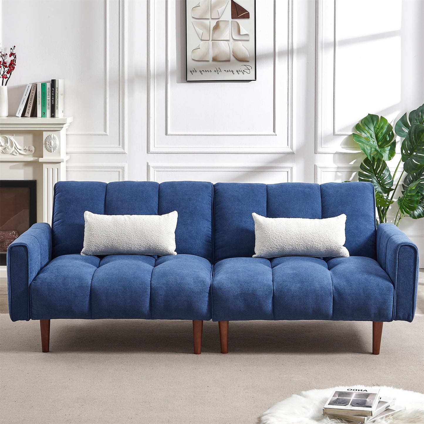 Aukfa 81in Oversized Futon Convertible Sofa Bed, Tufted Couch for Living Room, 2 Pillow, Linen, Blue