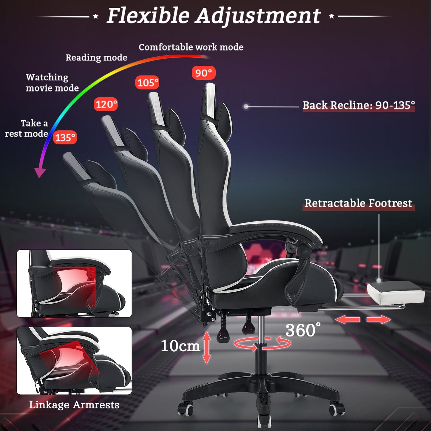 HOFFREE Gaming Chair with Massage and LED RGB Lights Ergonomic Computer Chair with Footrest High Back Video Game Chair with Adjustable Lumbar Support Linkage Armrest for Home Office