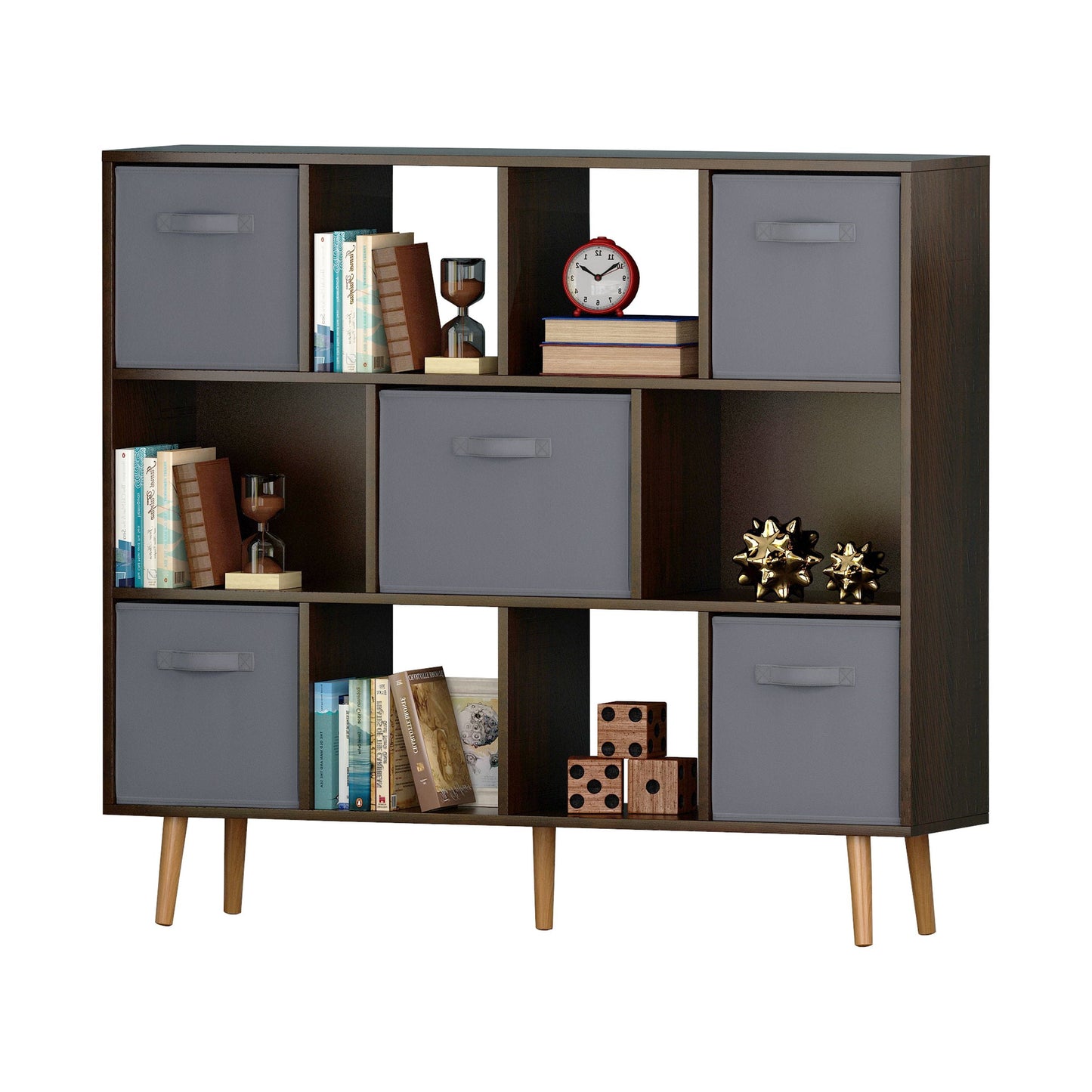 IVV 3-Tier Bookshelf, Wide Bookcase with 5 Fabric Drawers, Modern Book Shlef Storage Organizer Display Rack for Living Room, Entryway, Office, Brown