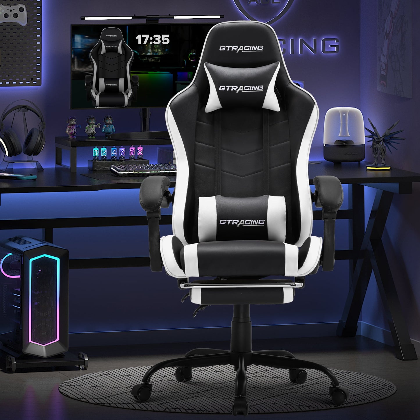 GTRACING GTWD-200 Ergonomic Gaming Chair with Adjustable Pillows and Footrest for Ultimate Comfort, White