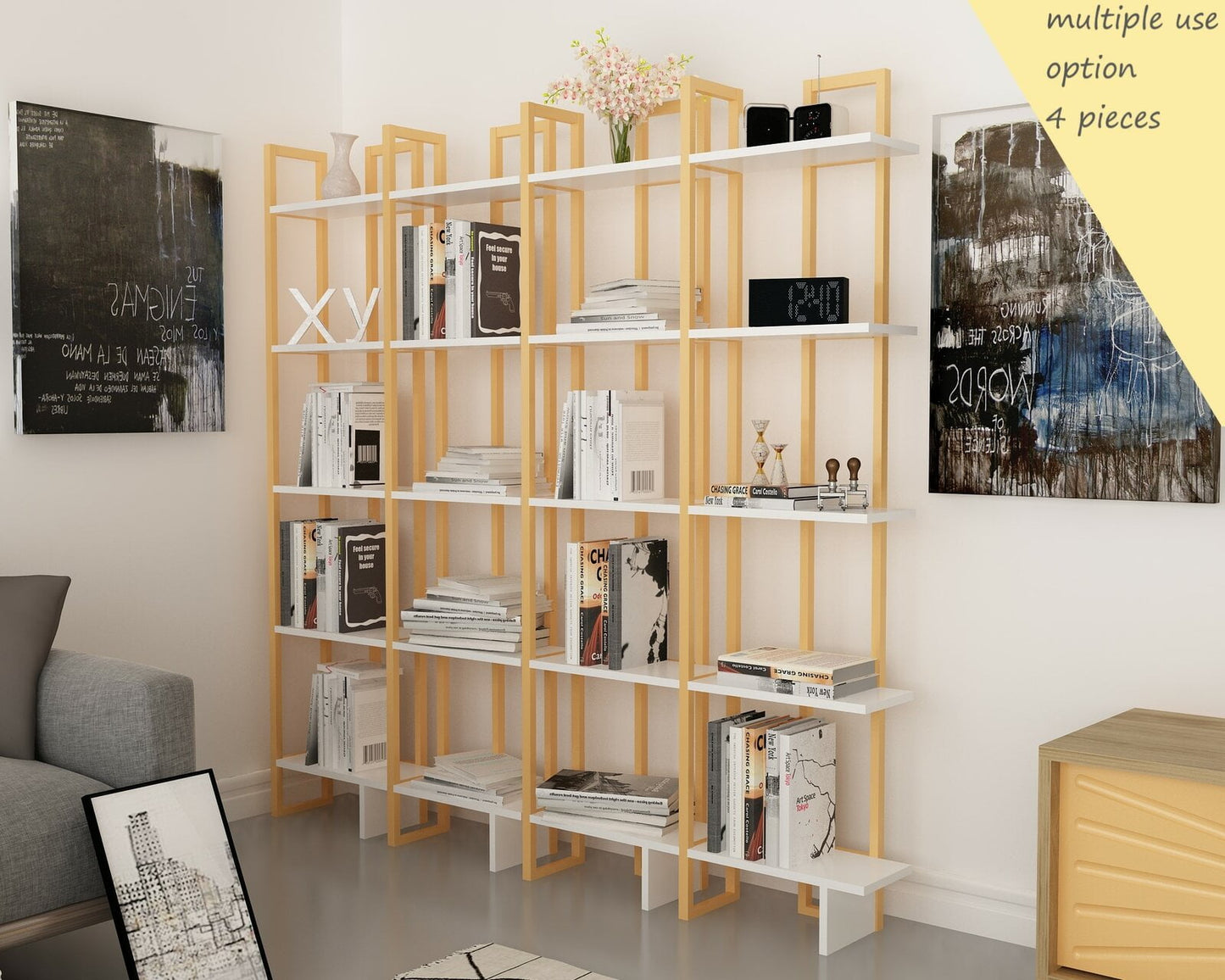 Alice 71in 5-Shelf Corner Bookcase, White Gold