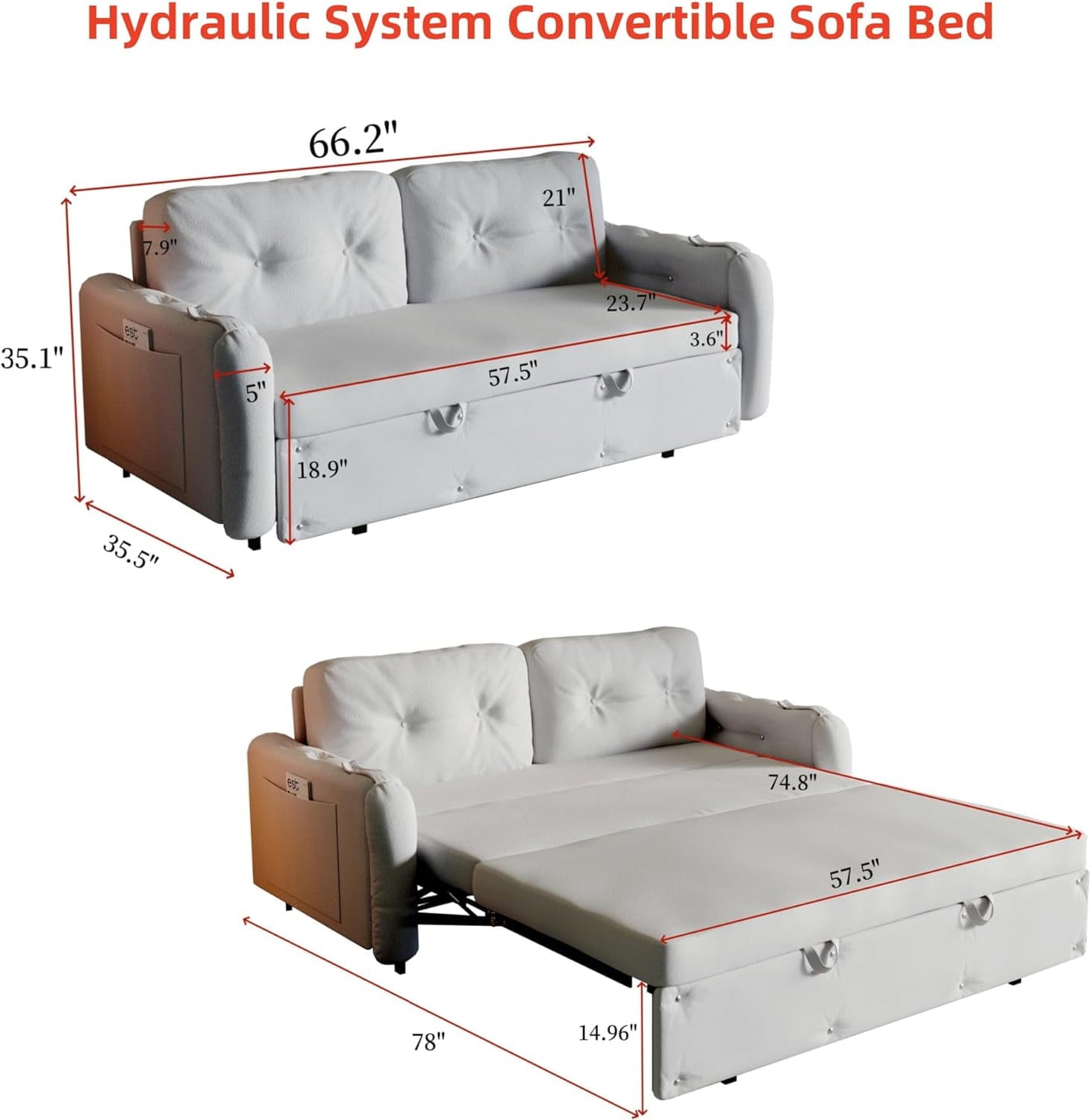 66.2in Sleep Sofa Bed Queen Size, Hydraulic System Pull Out Couch Bed, Sleeper Sofa Loveseat with 2 Pillows, Modern Velvet Upholstered Couch for Living Room, Small Space, Apartment, Bedroom, Black