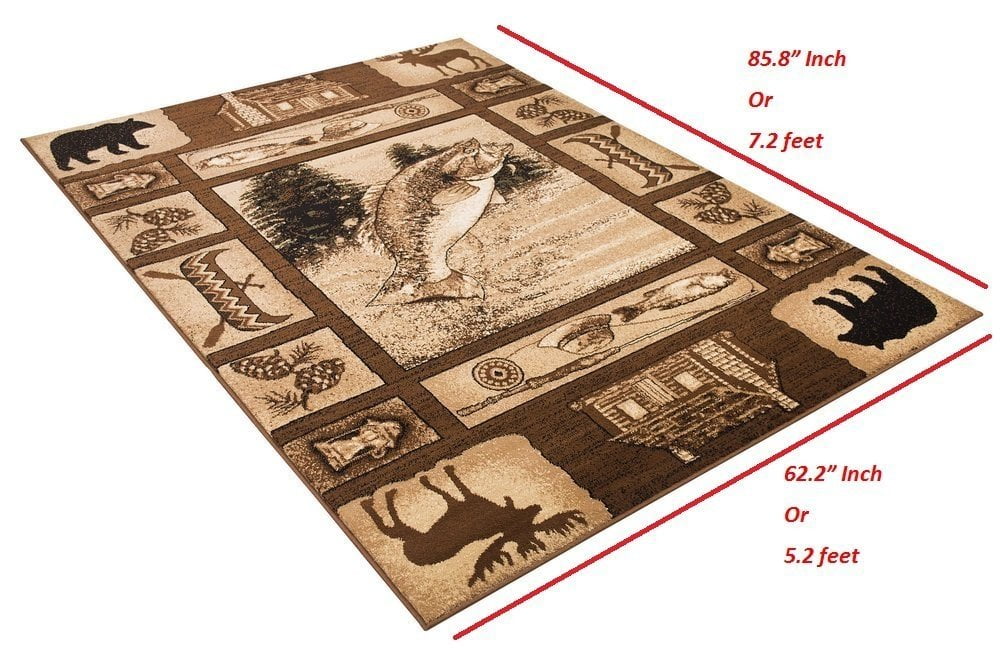 Handcraft Rugs Cabin Rug Lodge, Cabin Nature and Animals Area Rug Modern Geometric Design Cabin Area Rug Abstract, Multicolor Design Moose/Kayak/Fishing Equipment/Big Fish 5x7 feet