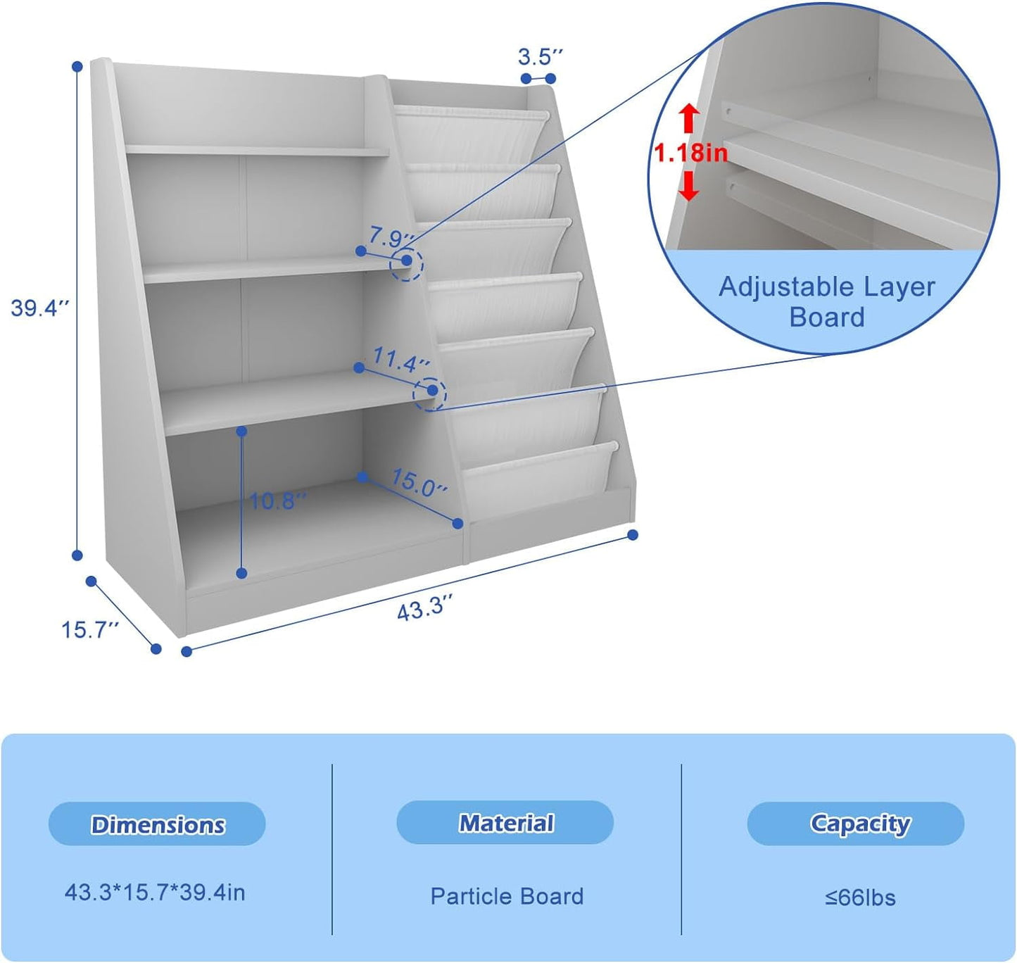Gray Kids Bookshelf for Nursery Toddler Baby Sling Book Rack Adjustable Shelf Children Bookcase for Classroom Playroom Bedroom D¨¦cor Toy Magazine Book Storage Organizer 4 Tier Boy Girl's Gift
