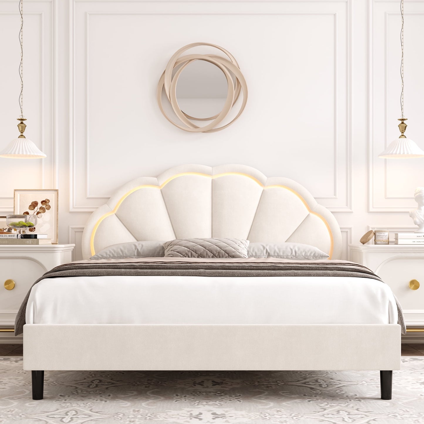 Homfa King LED Bed, Petal Platform Bed Frame with Adjustable Upholstered Headboard, Off-White