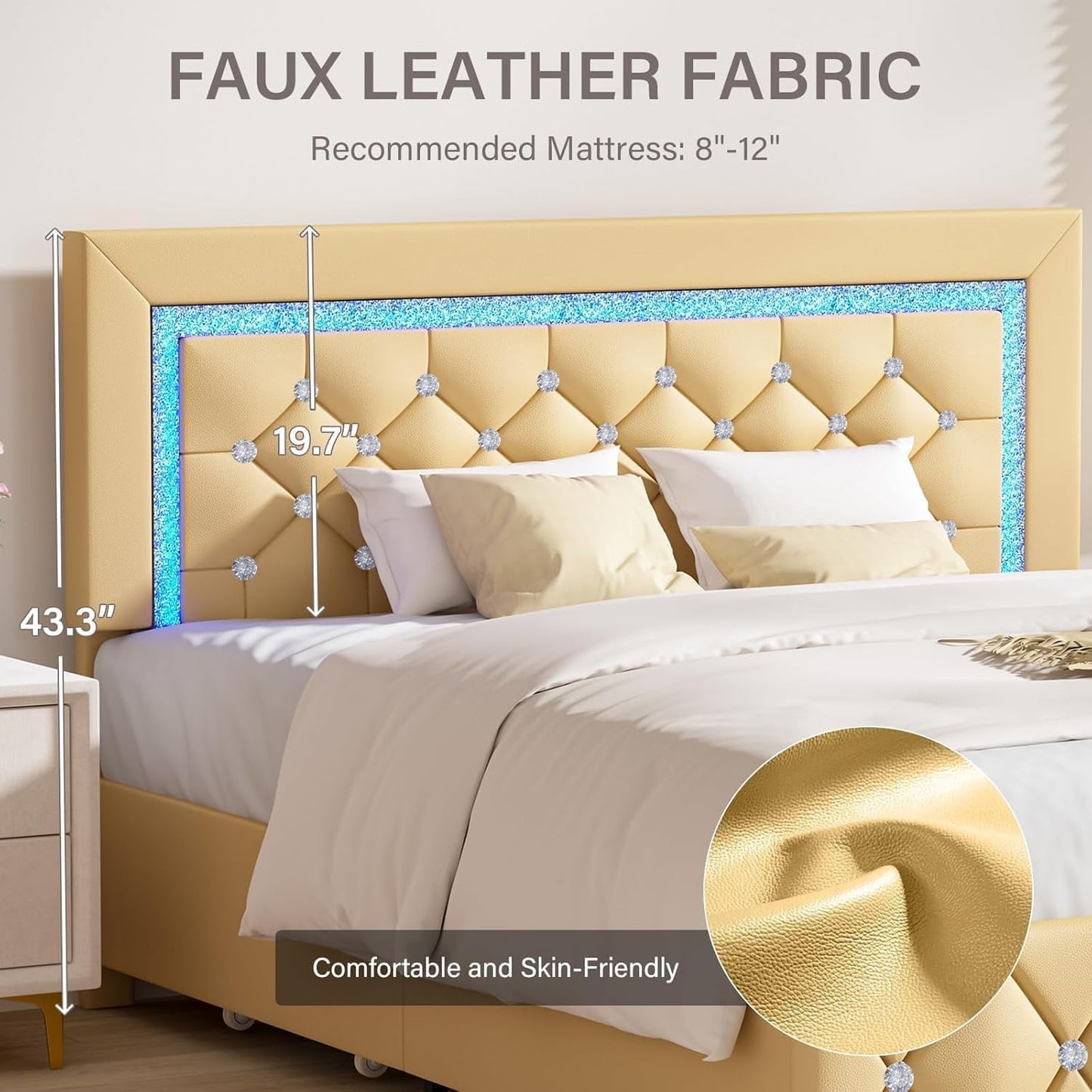 4 EVER WINNER Full Size LED Bed Frame with 4 drawers, Full Bed Frame with LED Light Headboard, Modern Upholstered Bed with Diamond Headboard and Footboard, Yellow