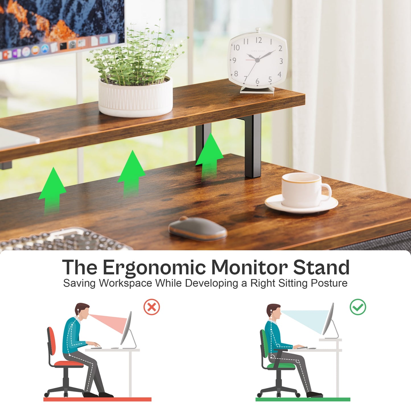 Huuger 55in LED-lit Industrial Desk, Power Outlets, 4 Drawers & Shelves, Gaming/Writing Desk, Rustic Brown