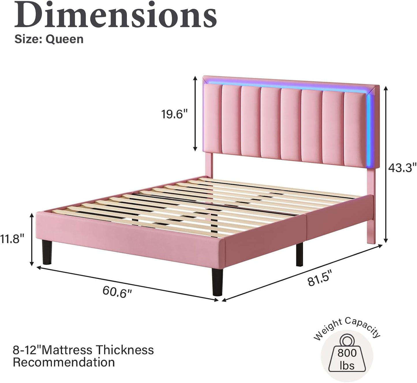 4 EVER WINNER Queen Size LED Bed Frame, Queen Bed Frame with LED Light Headboard, Pink Bed Frame for Grils, Pink