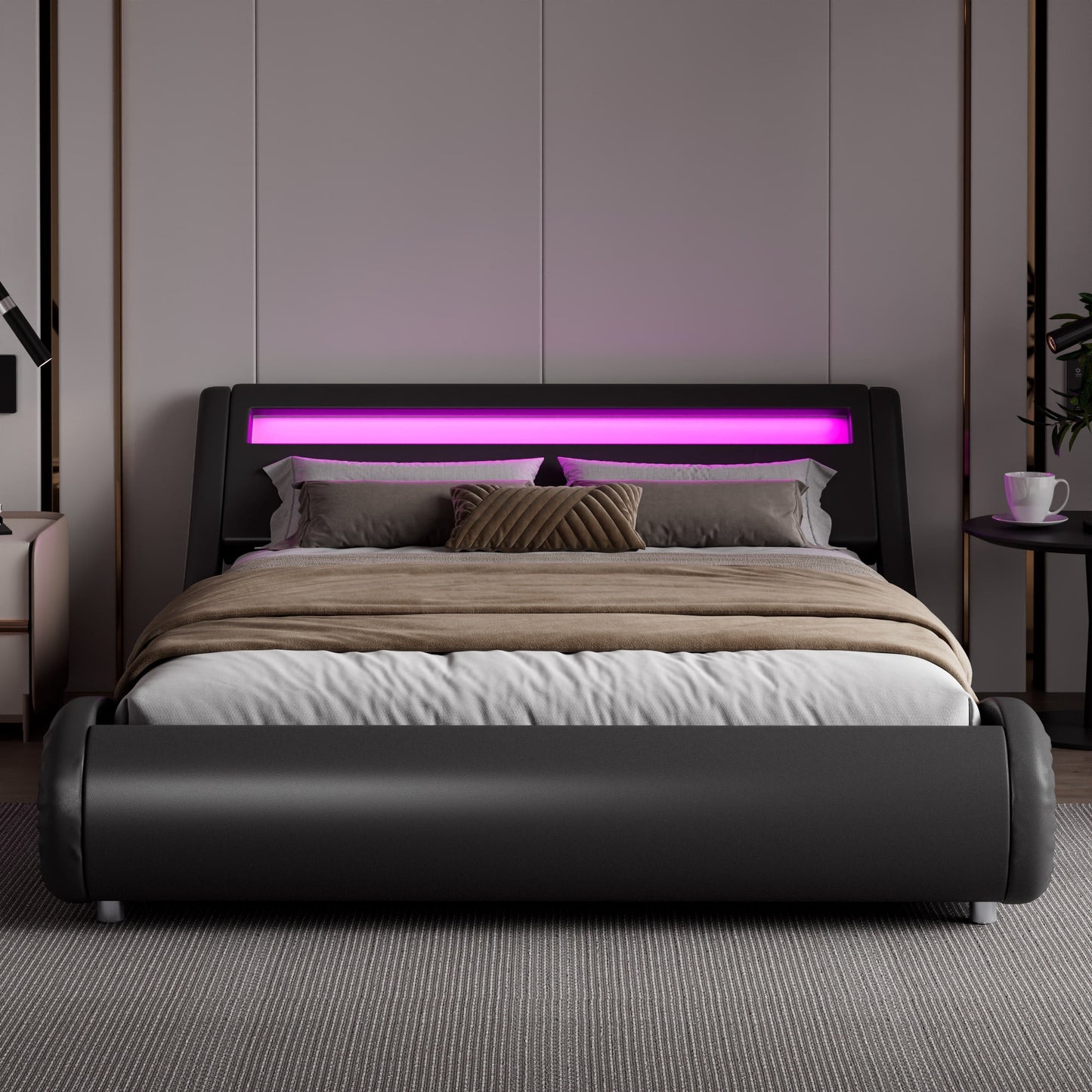 Amolife Queen Size Wave-Like Curve Deluxe Upholstered Modern Bed Frame with LED Headboard, Dark Gray