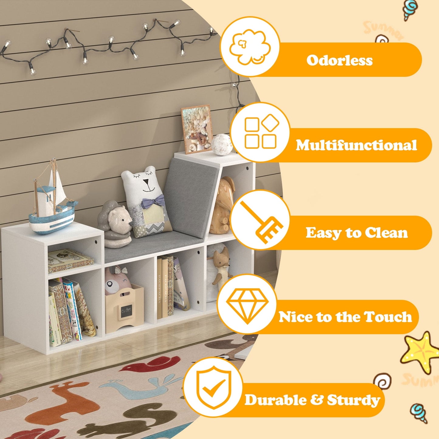 Hironpal 6 Cube Kids Bookshelf with Reading Nook, Toy Storage Organizer with Seat Cushion for Bedroom, White