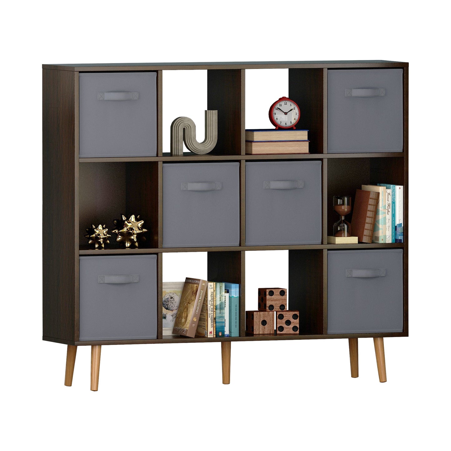 IVV 3 Tier Book Shelf with Fabric Drawers and Wood Legs, Modern Minimalist 12 Cube Open Bookcase Storage Organizer, Freestanding Display Bookcases for Small Space,Bedroom,Living Room (Brown)