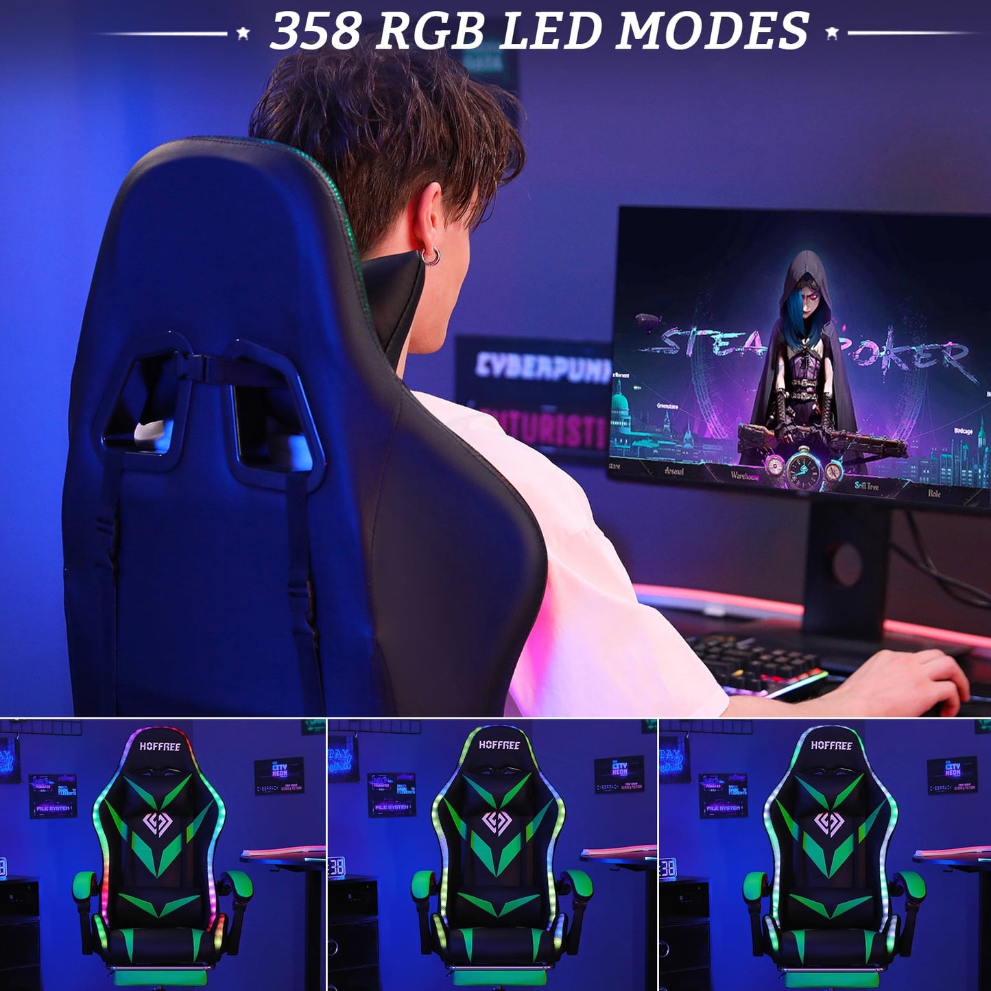 HOFFREE Gaming Chair with Massage and LED RGB Lights Ergonomic Computer Chair with Footrest High Back Video Game Chair with Adjustable Lumbar Support Linkage Armrest for Home Office