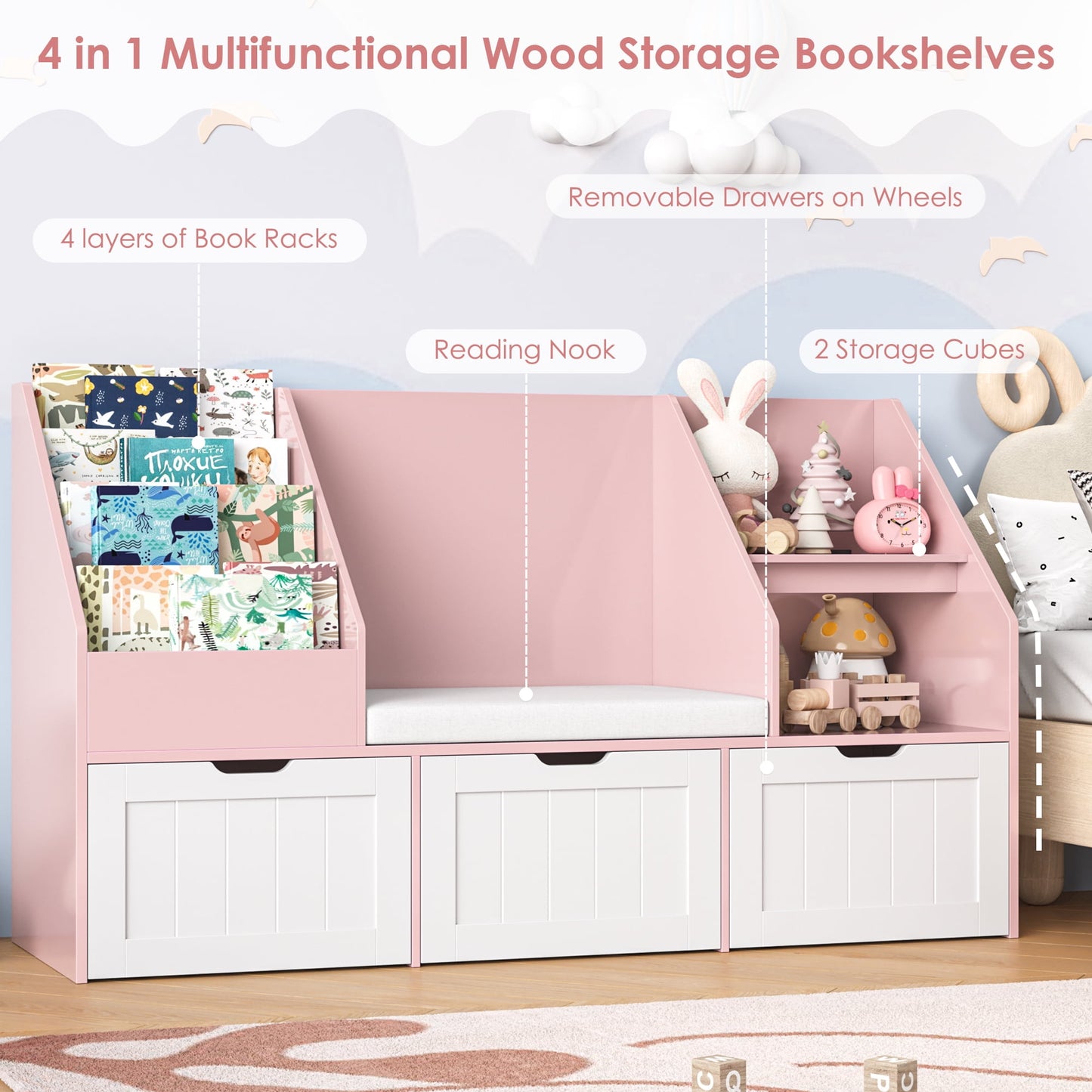 Homfa Kids Bookshelf with Reading Nook & 3 Movable Drawers, 2 Cube Bookcase with 4-Tier Book Racks, Toy Storage Organizer for Playroom Bedroom, Pink
