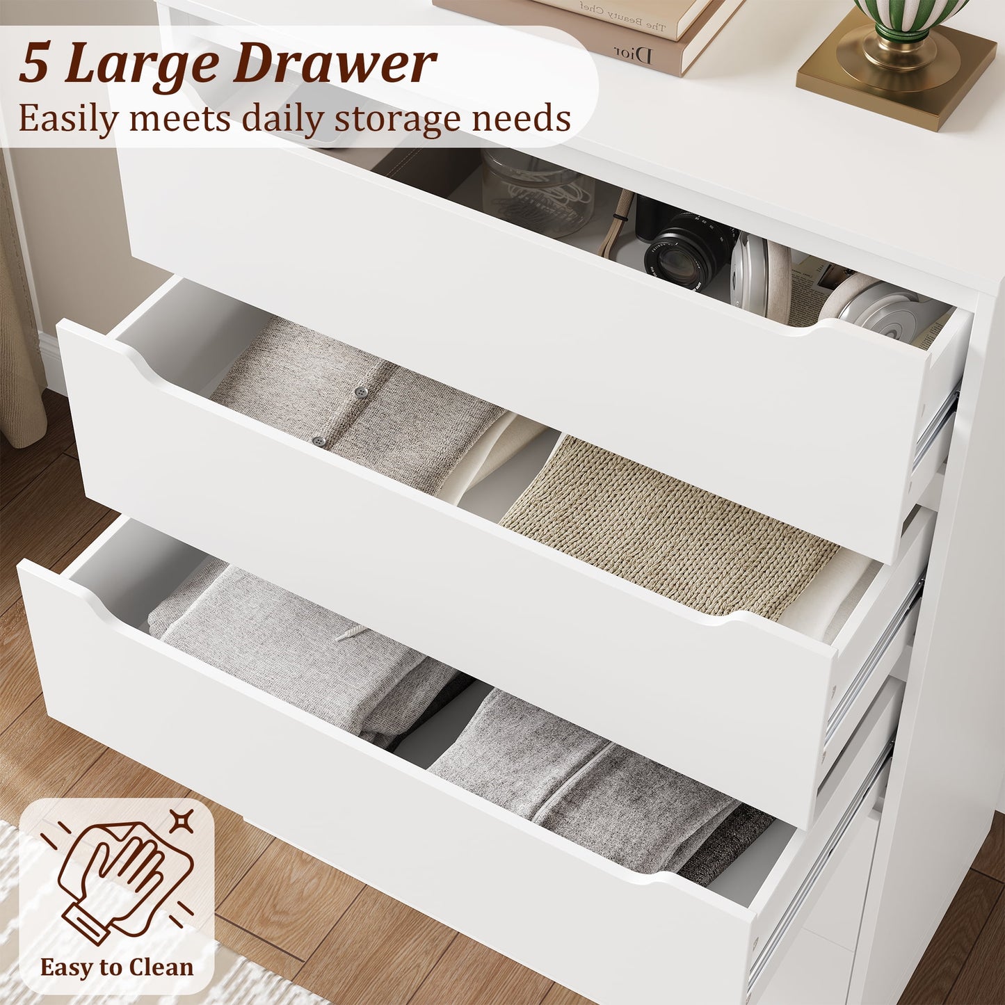 Homfa Vertical 5 Drawer Dresser, Wood Storage Cabinet with Upgraded Stable Base for Bedroom Living Room, White