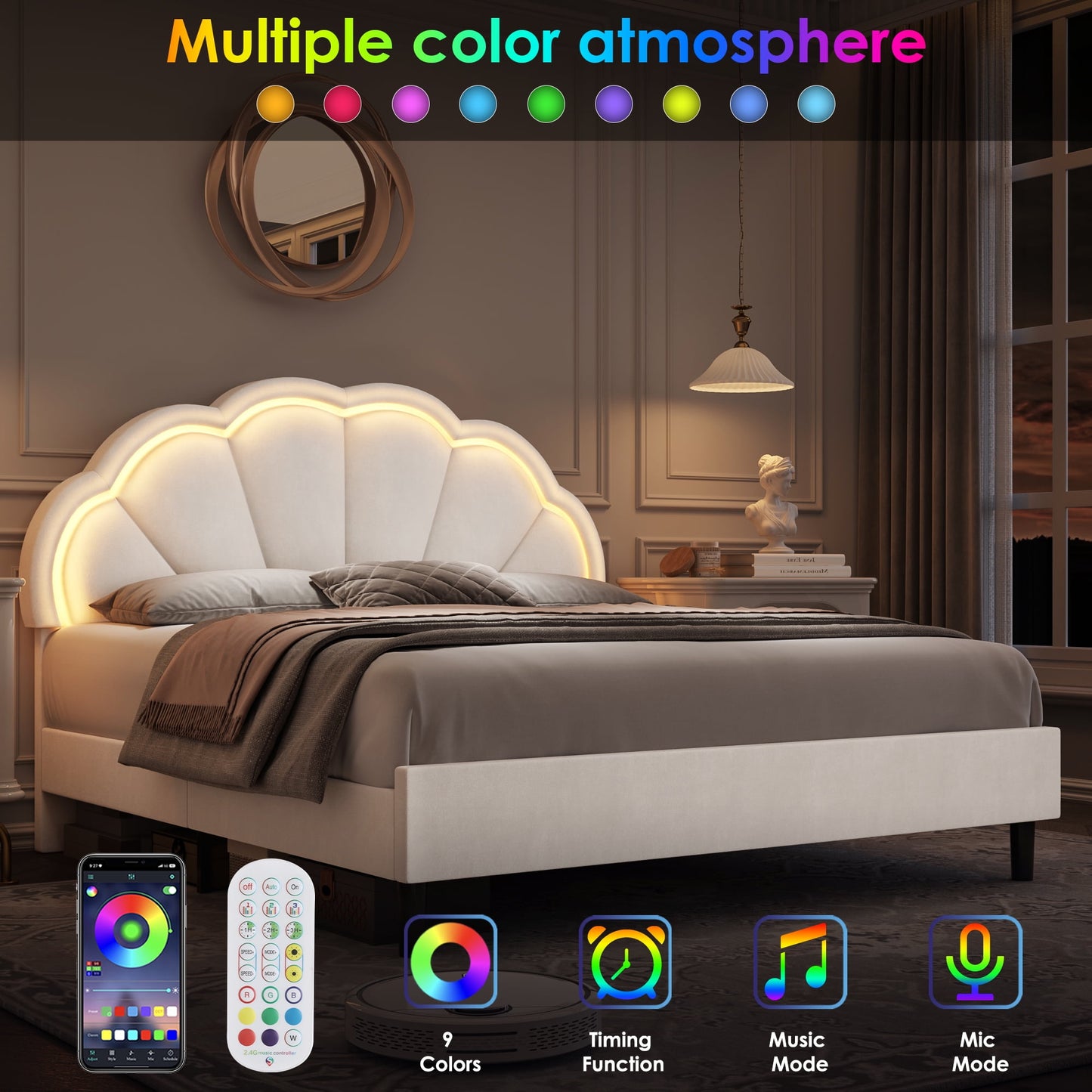 Homfa King LED Bed, Petal Platform Bed Frame with Adjustable Upholstered Headboard, Off-White