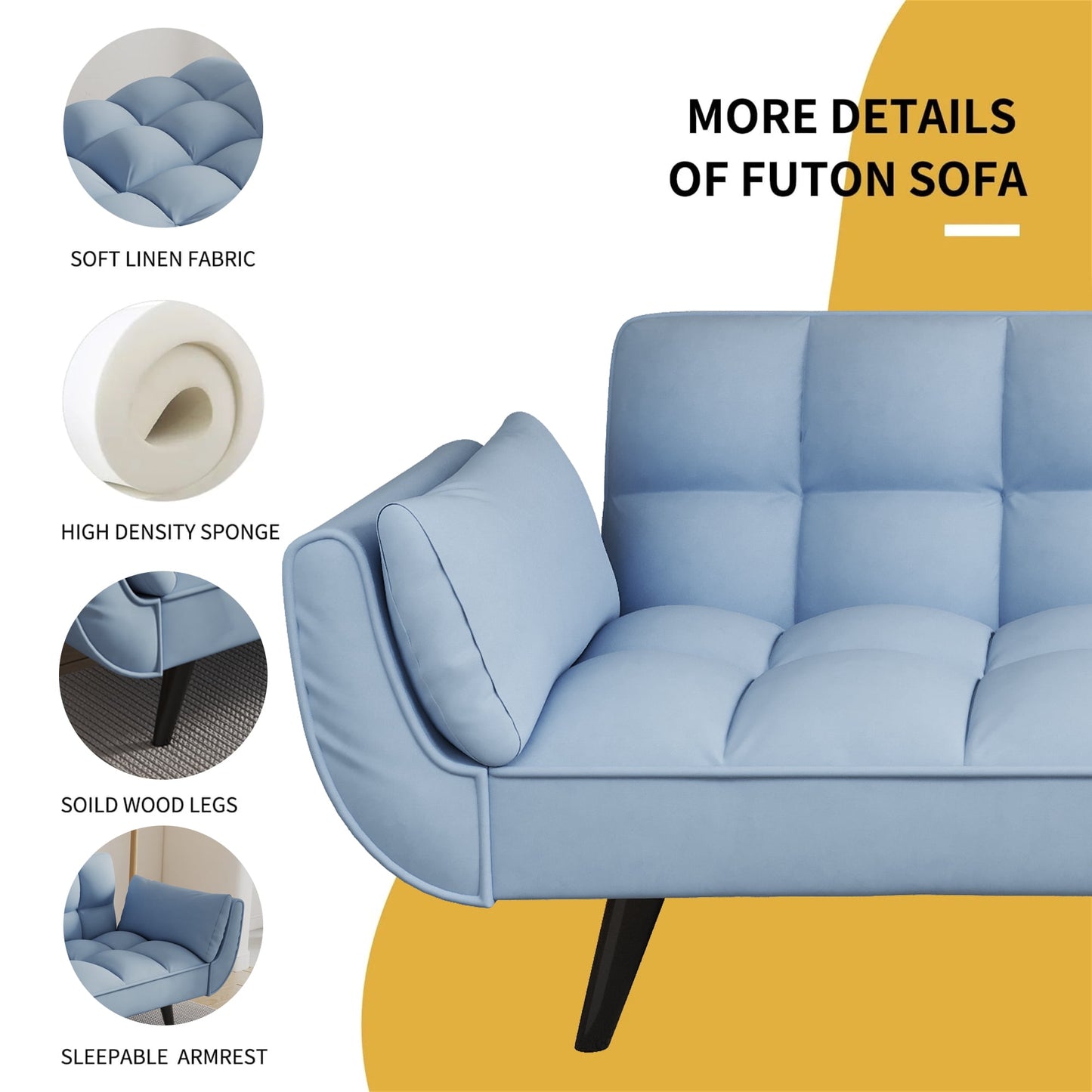 Aukfa 74in Flared Arm Futon Convertible Sofa Bed, Curved Sleeper Sofa for Home Office, Velvet, Blue