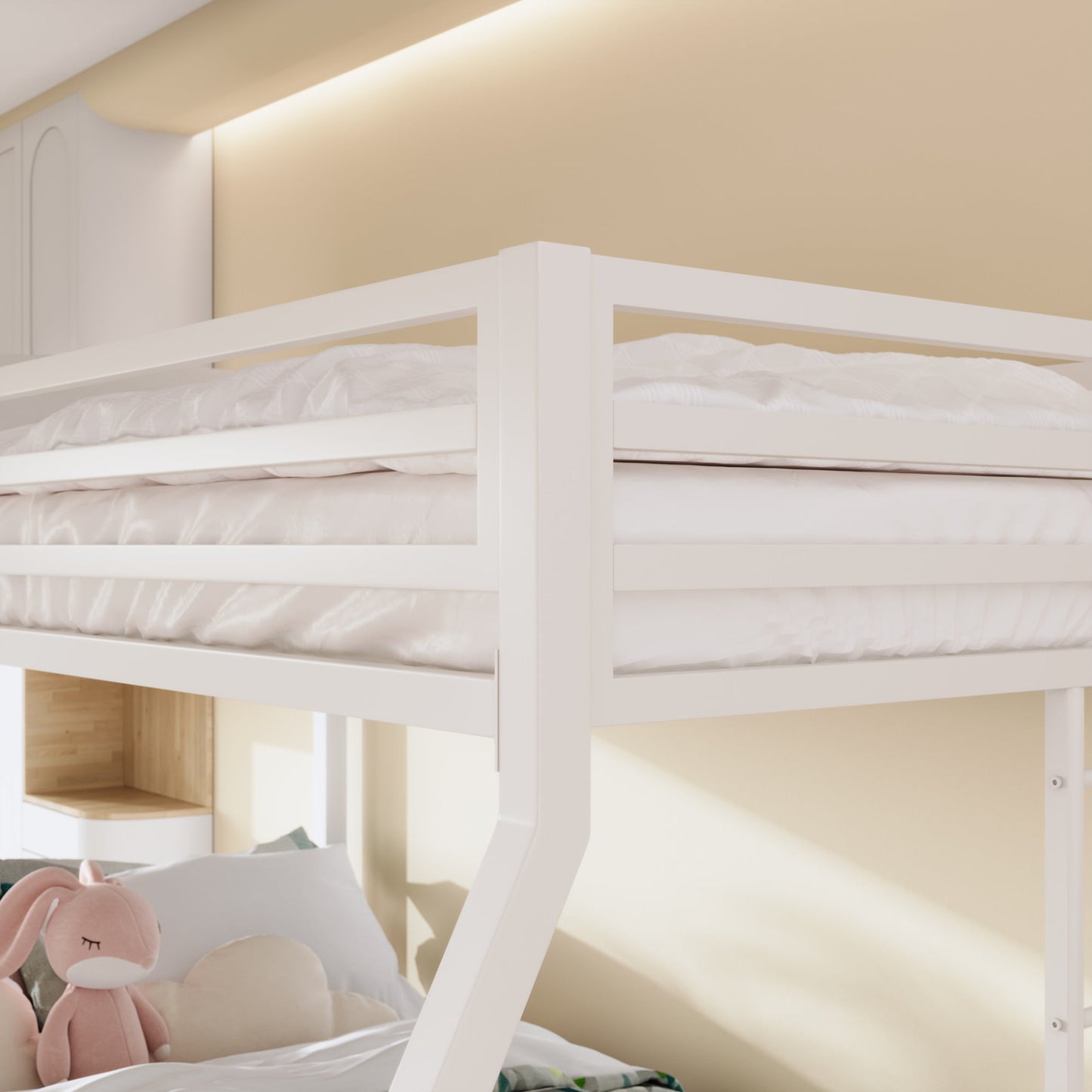 Sifurni Twin Over Full Metal Bunk Bed with Removable Stairs & Full-Length Guardrail, White