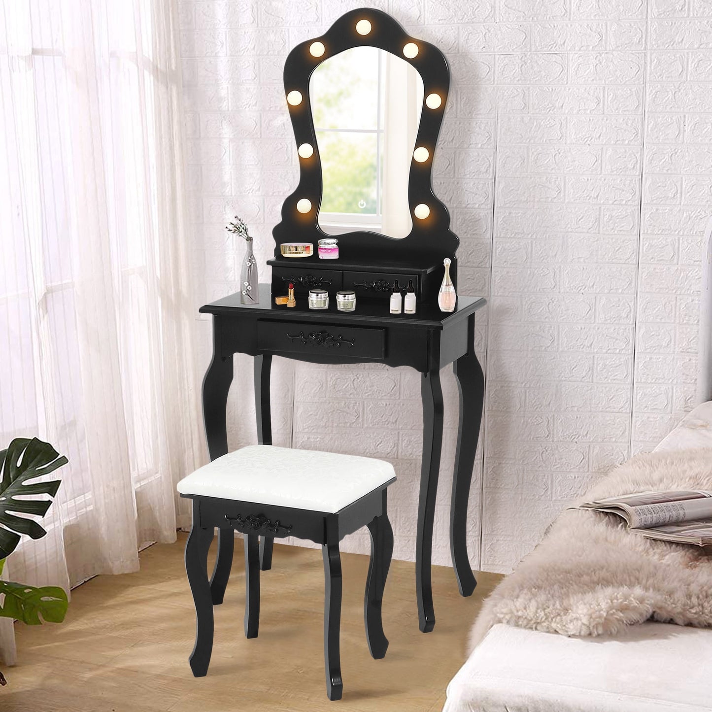 HSUNNS Modern Vanity Set, 4 Drawers Makeup Desk with Cushion Stool & Storage Shelves, Sliding Mirror, Black