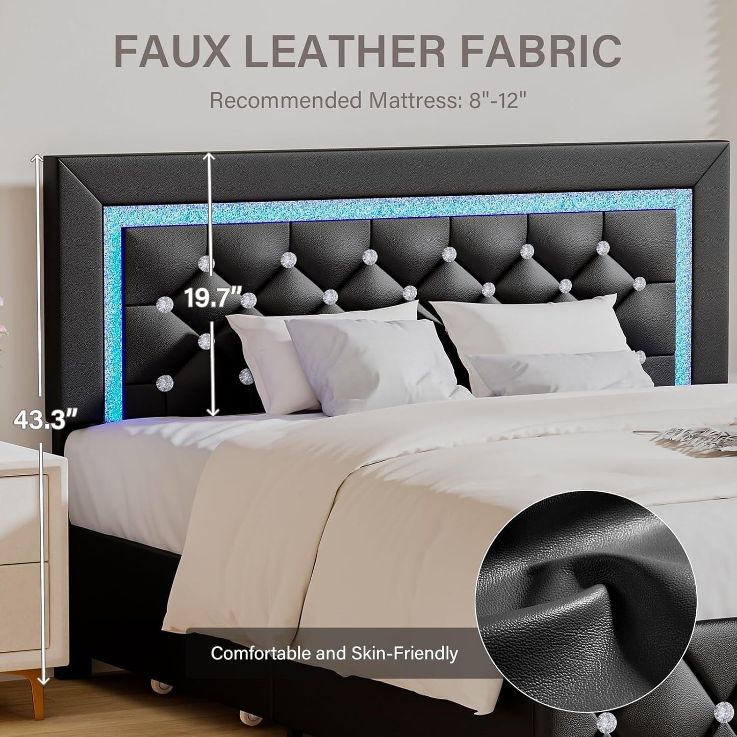 4 EVER WINNER Queen Size LED Bed Frame, Black Queen Bed Frame with LED Light Headboard, 4 Storage Drawers Upholstered Platform Bed Frame, Black