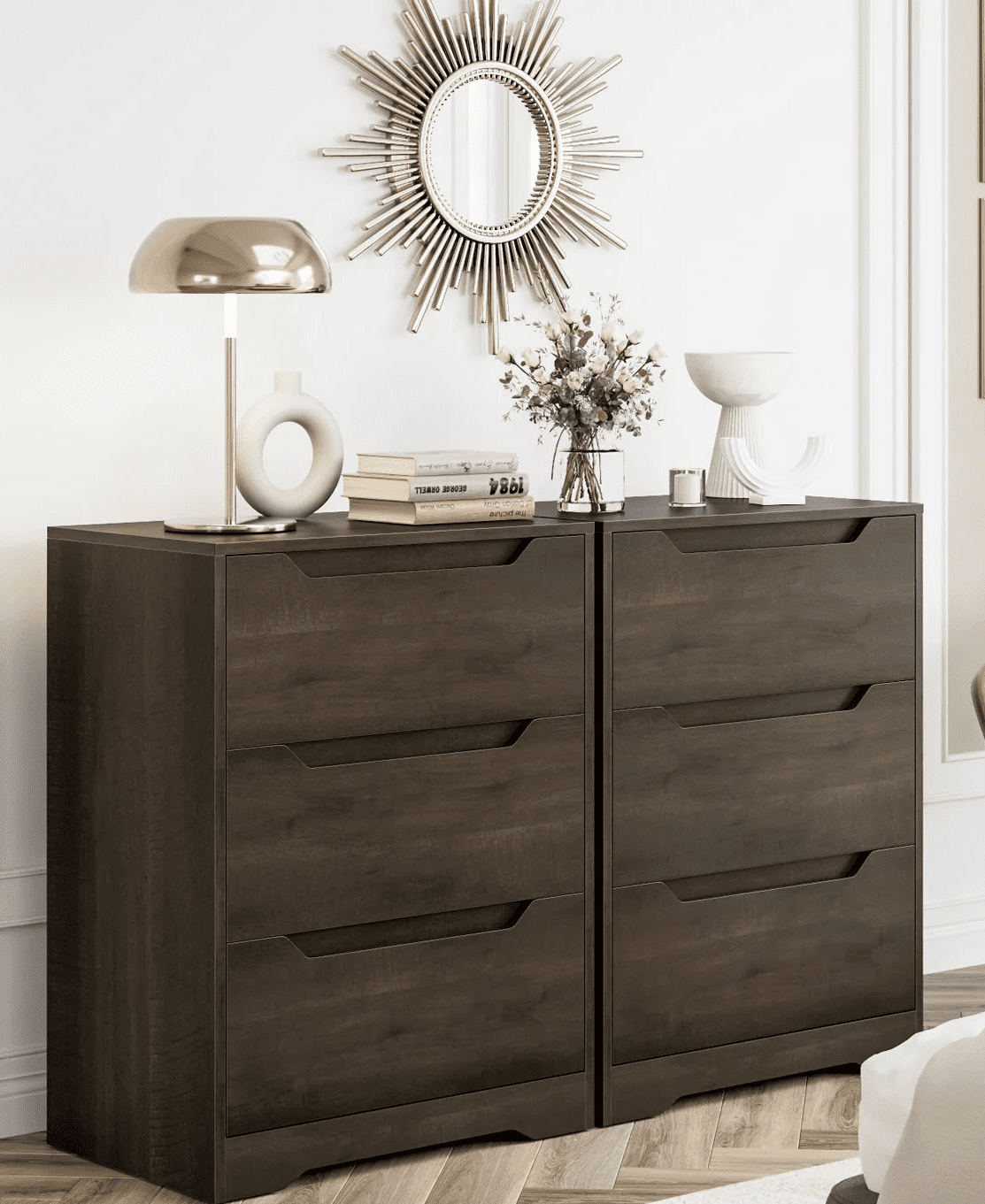 Homfa 23.6in W 3 Drawer Nightstand, Small Wooden Cabinet Furniture for Bedroom, Living Room, Modern Dark Brown