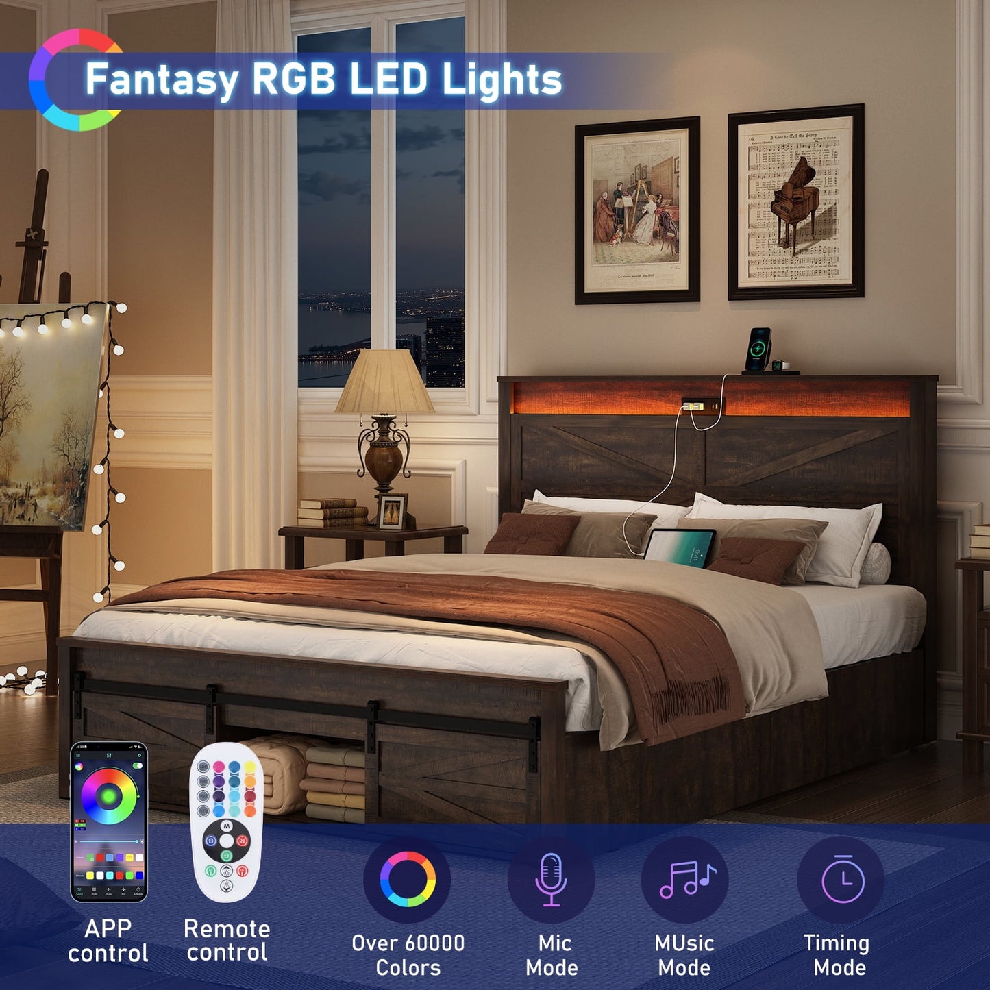 ANPOO Farmhouse Queen Size Bed Frame with LED Lights & Charging Station, Sliding Barn Door Storage Cabinet/Headboard,High Footboard, No Box Spring Needed, Noise-Free,White