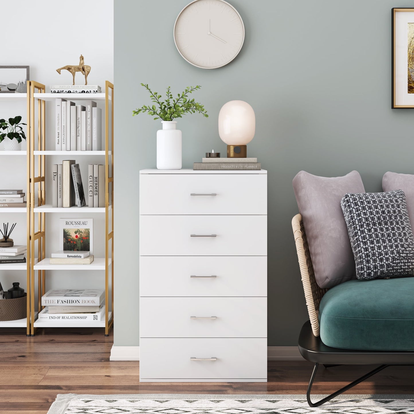 Homfa White Dresser with 5 Drawers, Vertical Chest of Drawers Wood Storage Cabinet for Bedroom Living Room