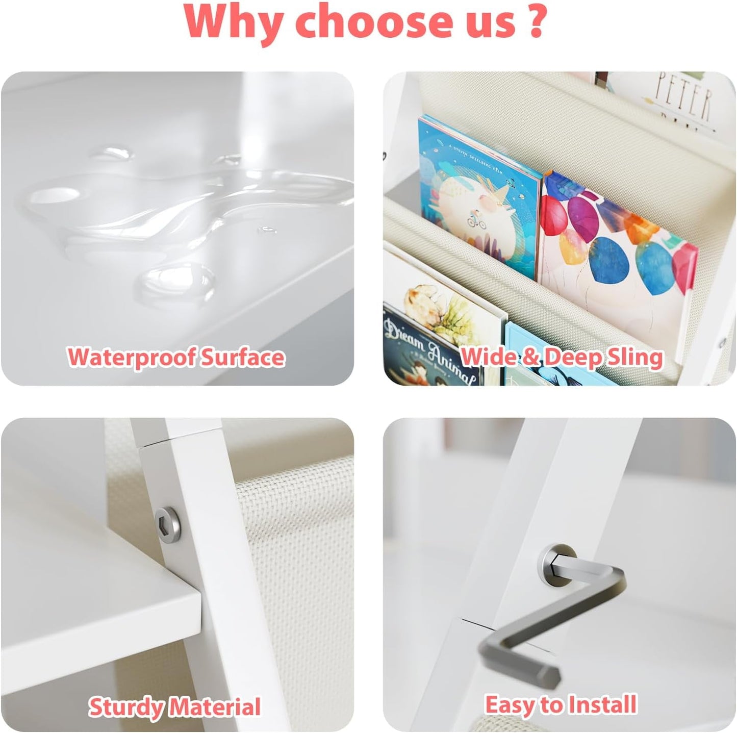 3 Tier Kids Bookshelf and Toy Storage, Kids Book Sling Shelf, Montessori Baby Toddler Bookshelf for Kids, Kids Bookcase, Toy Storage Organizer, for Playroom, Bedroom, Nursery (White)