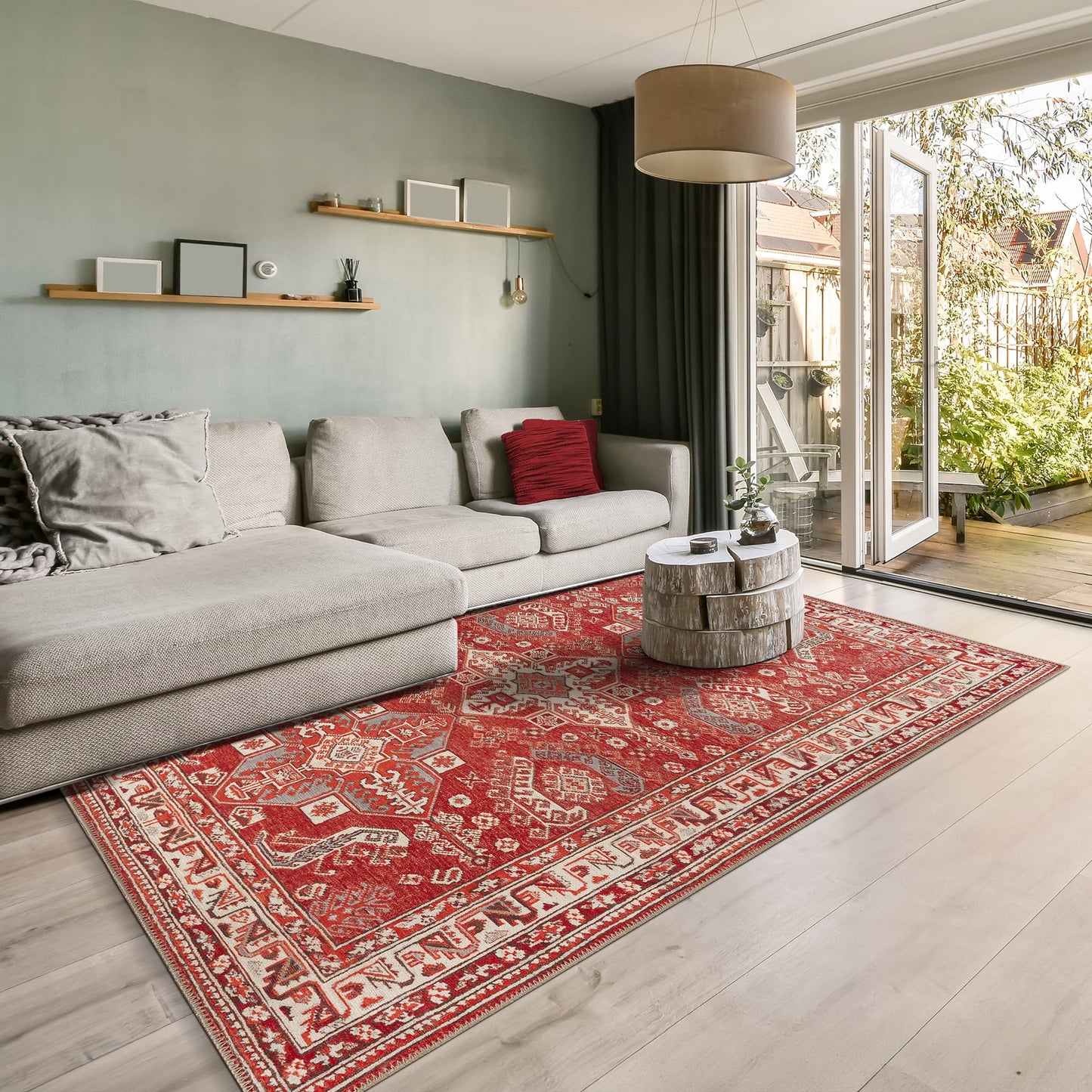 GLN Rugs Knossos - Machine Washable Area Rug - 8'x10' Turkish Vintage Rug - Red/Beige