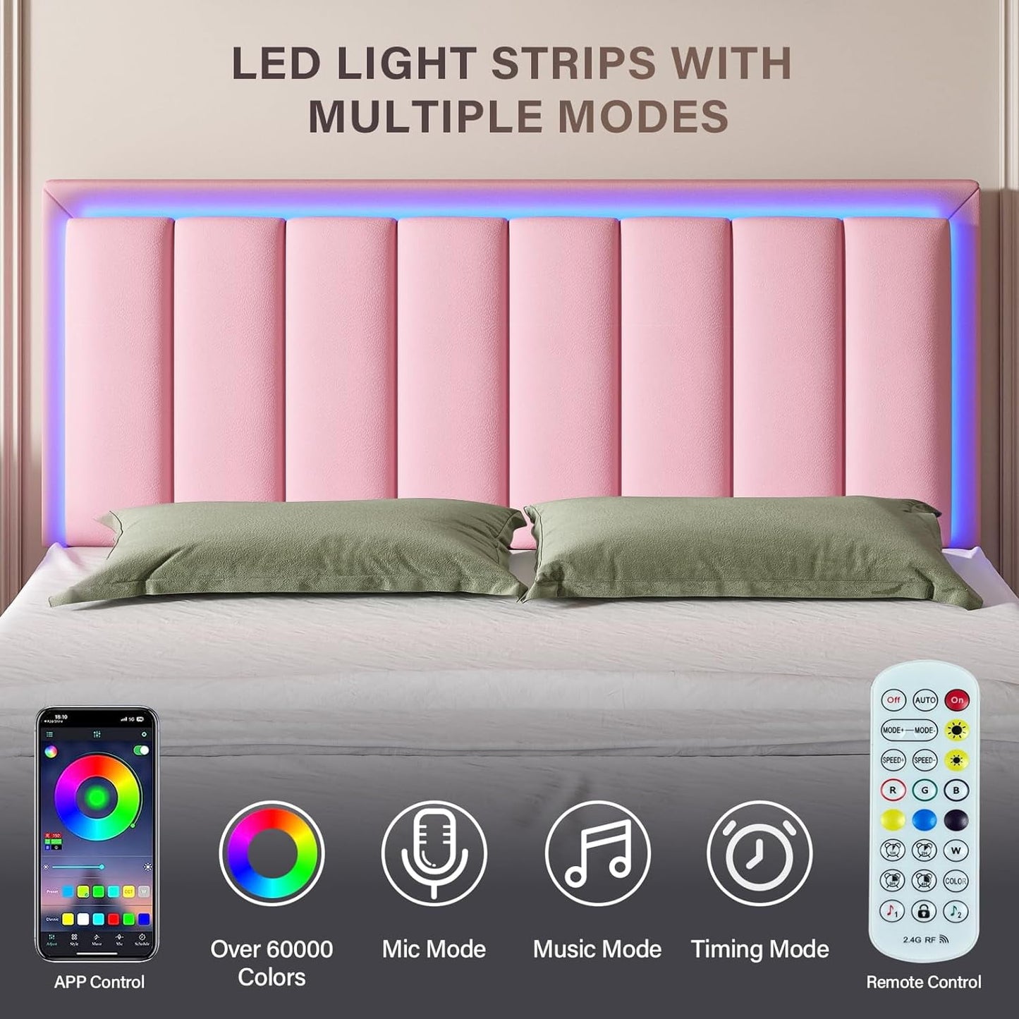 4 EVER WINNER Queen Size LED Bed Frame, Queen Bed Frame with LED Light Headboard, Pink Bed Frame for Grils, Pink