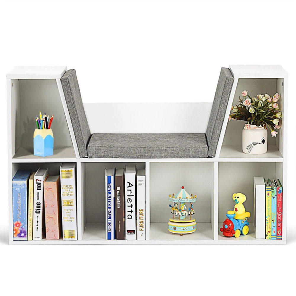 GVN 6-Cubby Kid Storage Bookcase Cushioned Reading Nook-White, Toy Organizers and Storage for Kids, Boys, Girls, Nursery