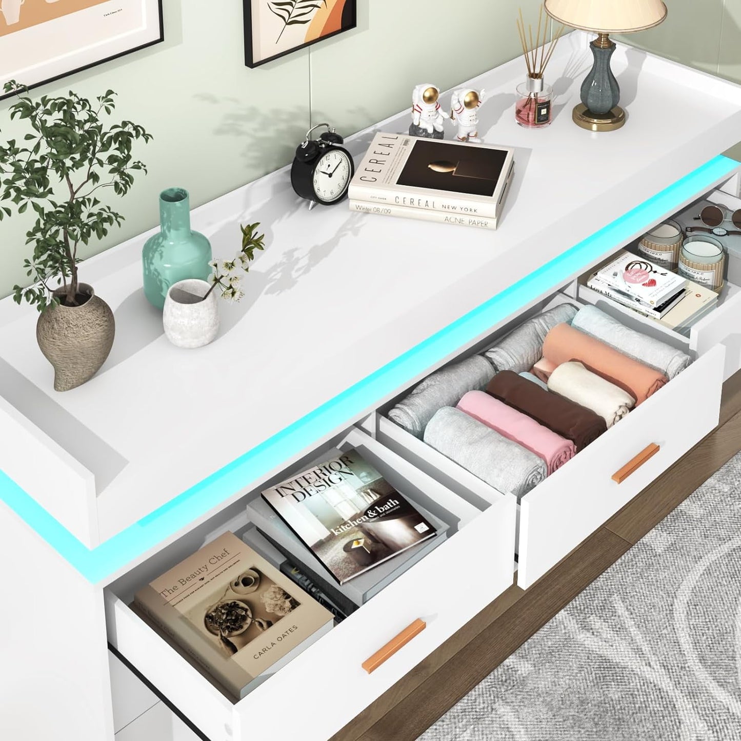 9 Drawer Dresser with LED Light, Wide Drawer Organizer Cabinet for Bedroom, Modern Chest of Drawers for Closet, Entryway, Hallway(9 Drawer White)