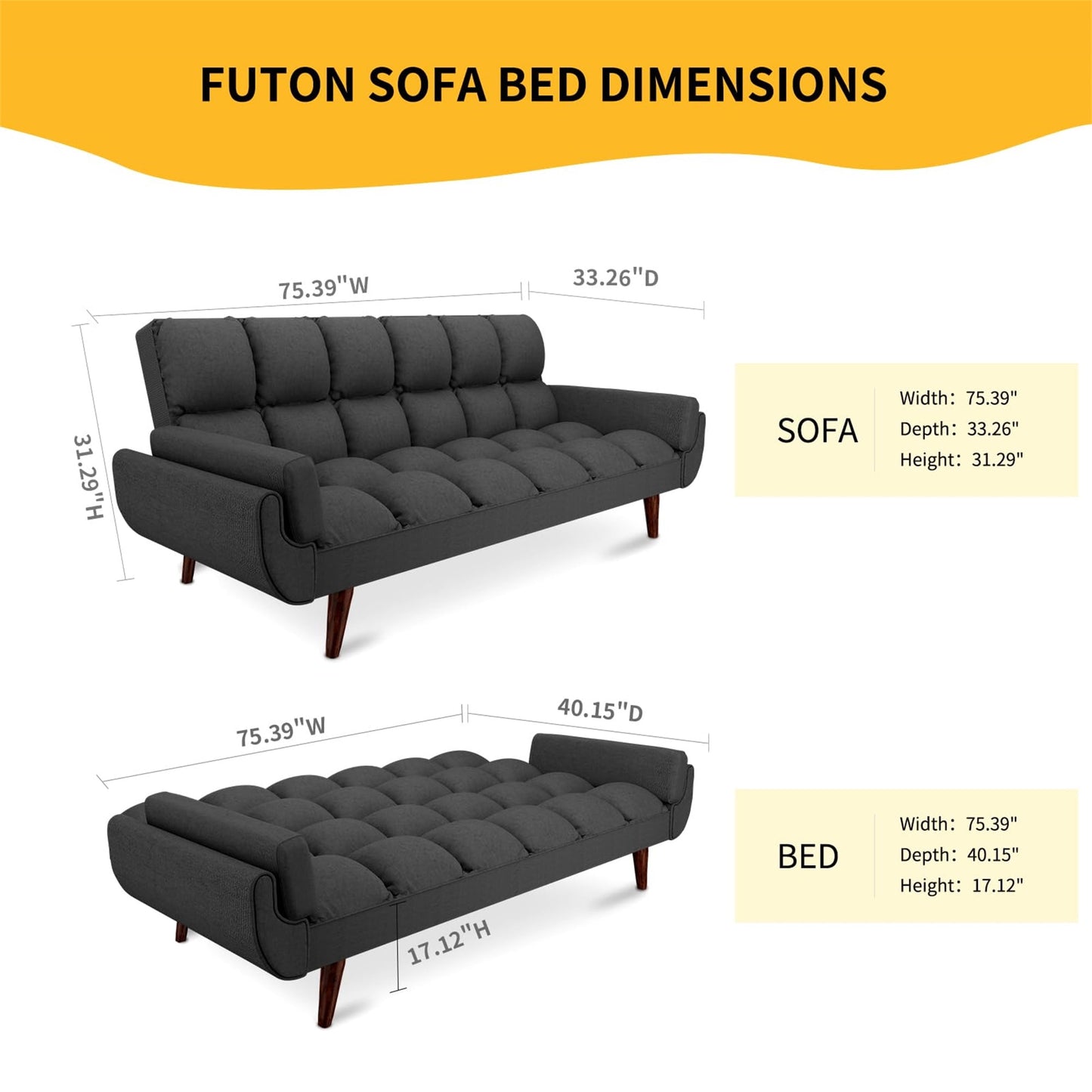 Aukfa 75in Flared Arm Futon Convertible Sofa Bed, Curved Sleeper Sofa for Home Office, Dark Gray