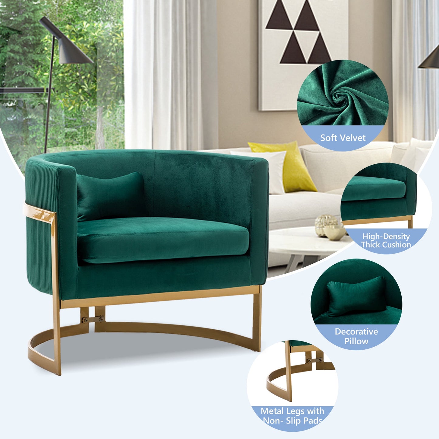 Apeaka Velvet Barrel Living Room Accent Chair, Modern Mid Century Arm Lounge Chairs Single Sofa Tub Bucket Club Chair for Bedroom