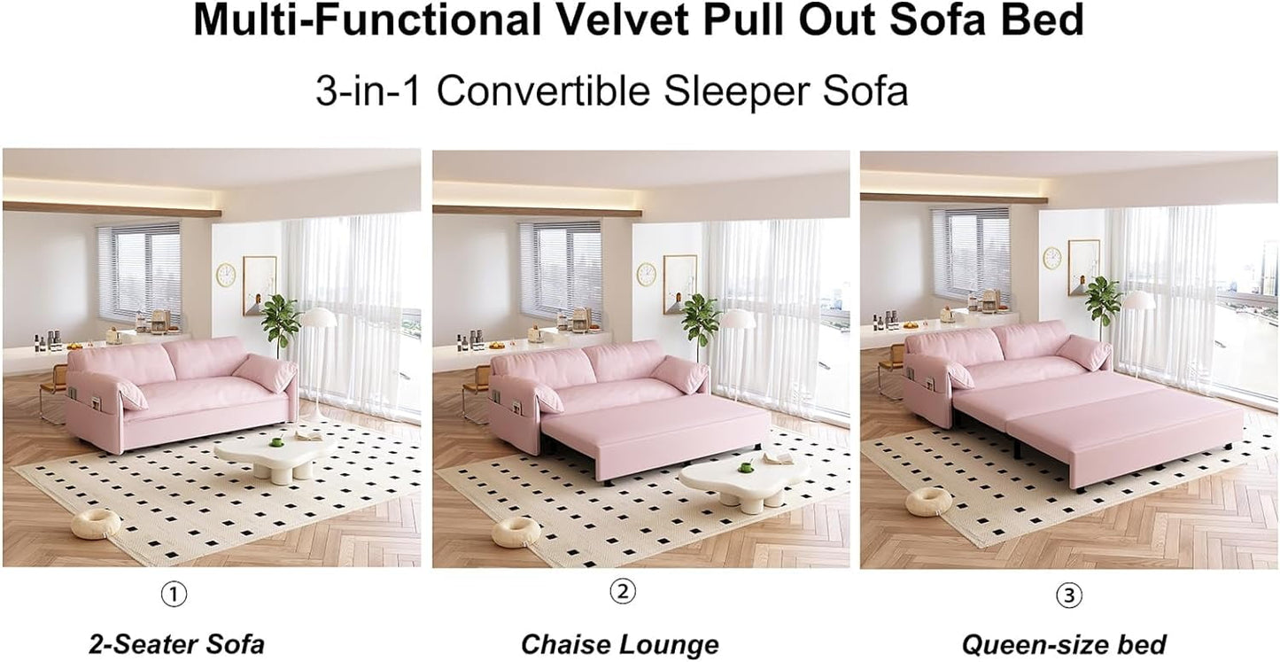 63.8in Sofa Bed Queen Size, Pull Out Couch Bed, 3-in-1 Convertible Sleeper Sofa with Side Pocket, Modern Velvet Futon Couch for Living Room, Small Space, Apartment, Bedroom, Pink