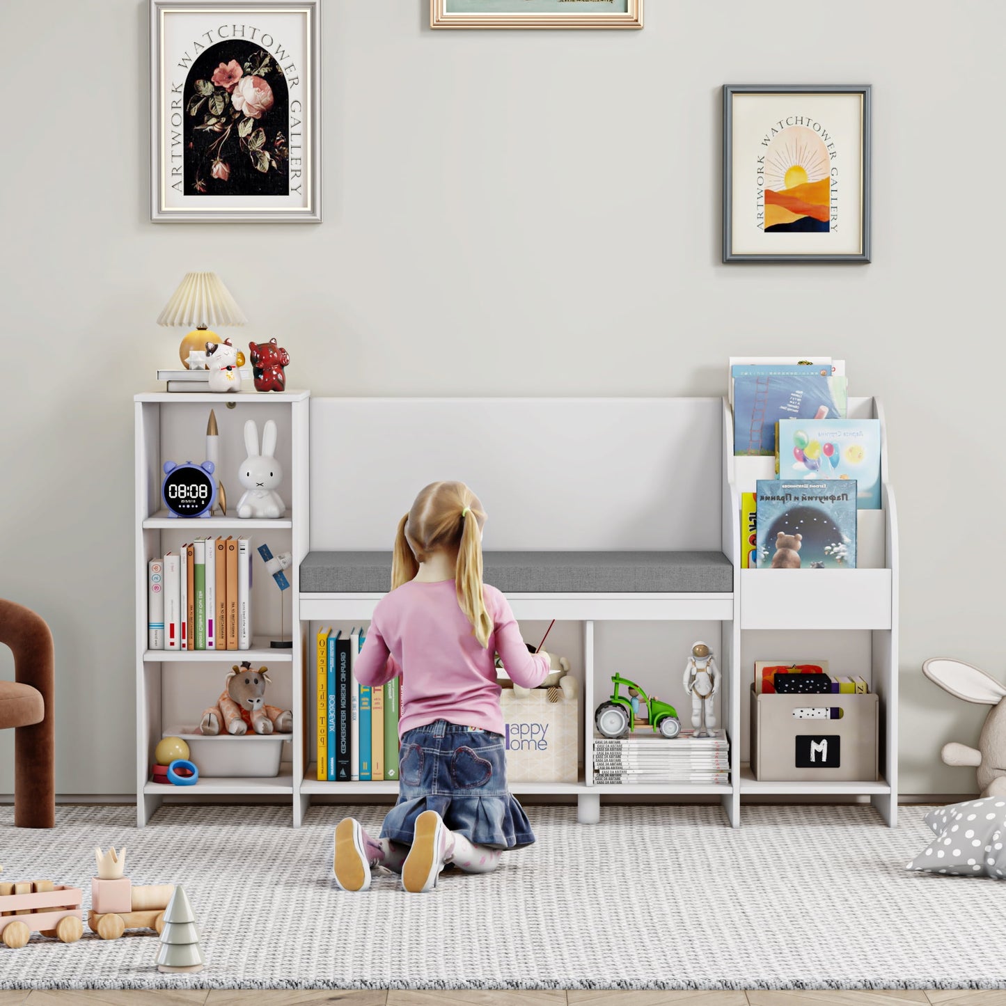 Homfa Kids Bookshelf, 7 Cube Storage, Wooden Seat Nook, Adjustable Shelves, 31.5in H x 54.5in W, White